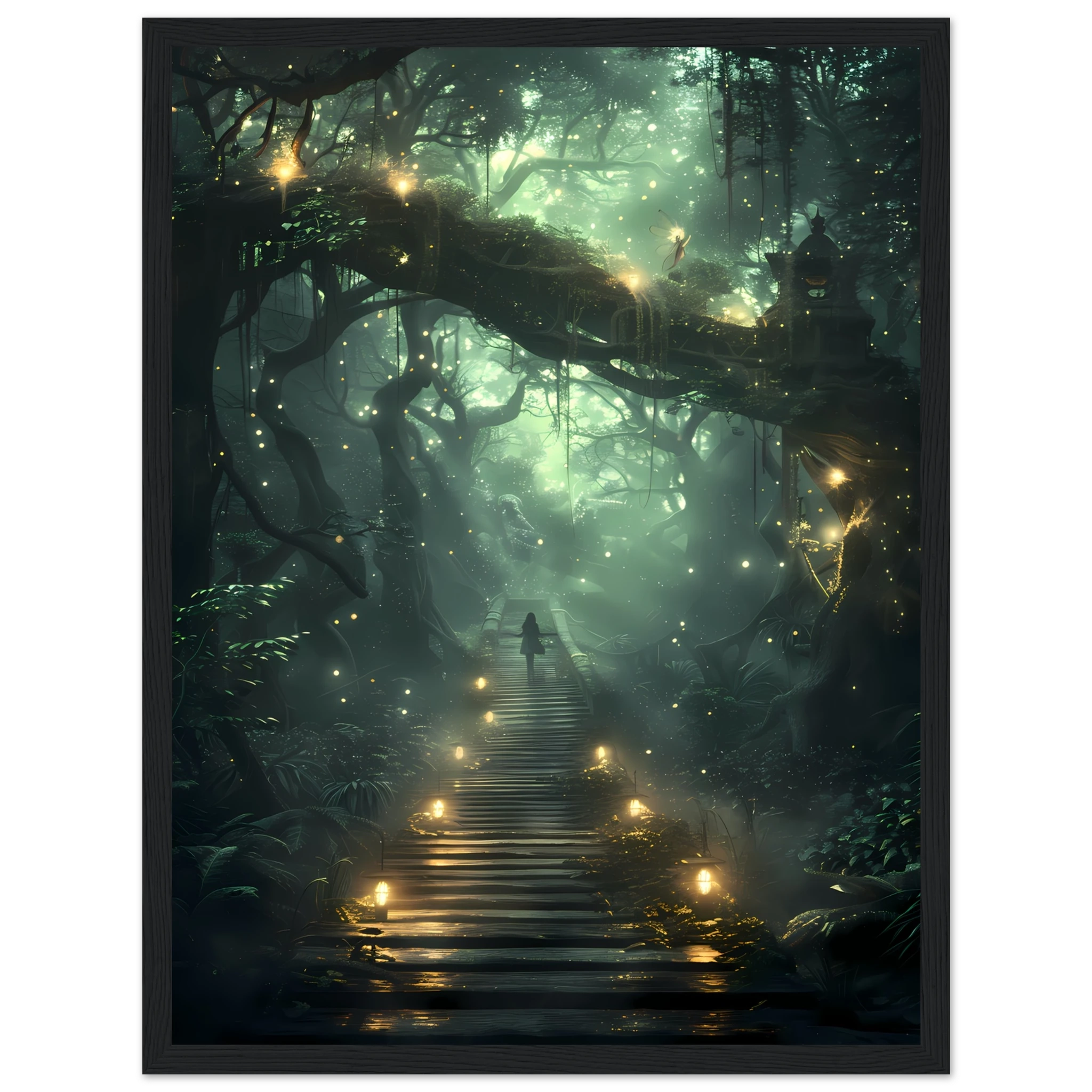 Glowing fairies in enchanted forest with bioluminescent mushrooms — whimsical wall art.