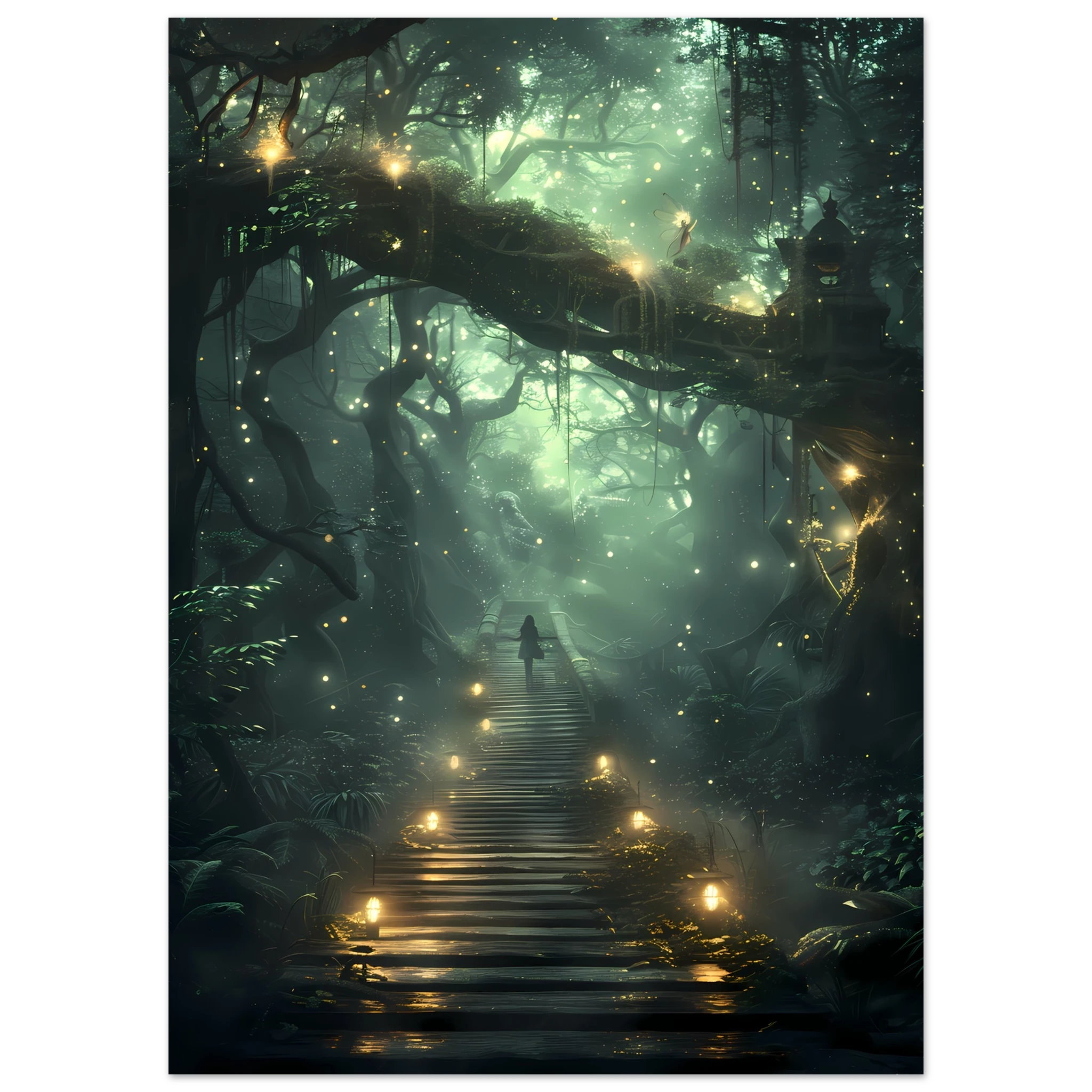Glowing fairies in enchanted forest with bioluminescent mushrooms — whimsical wall art.