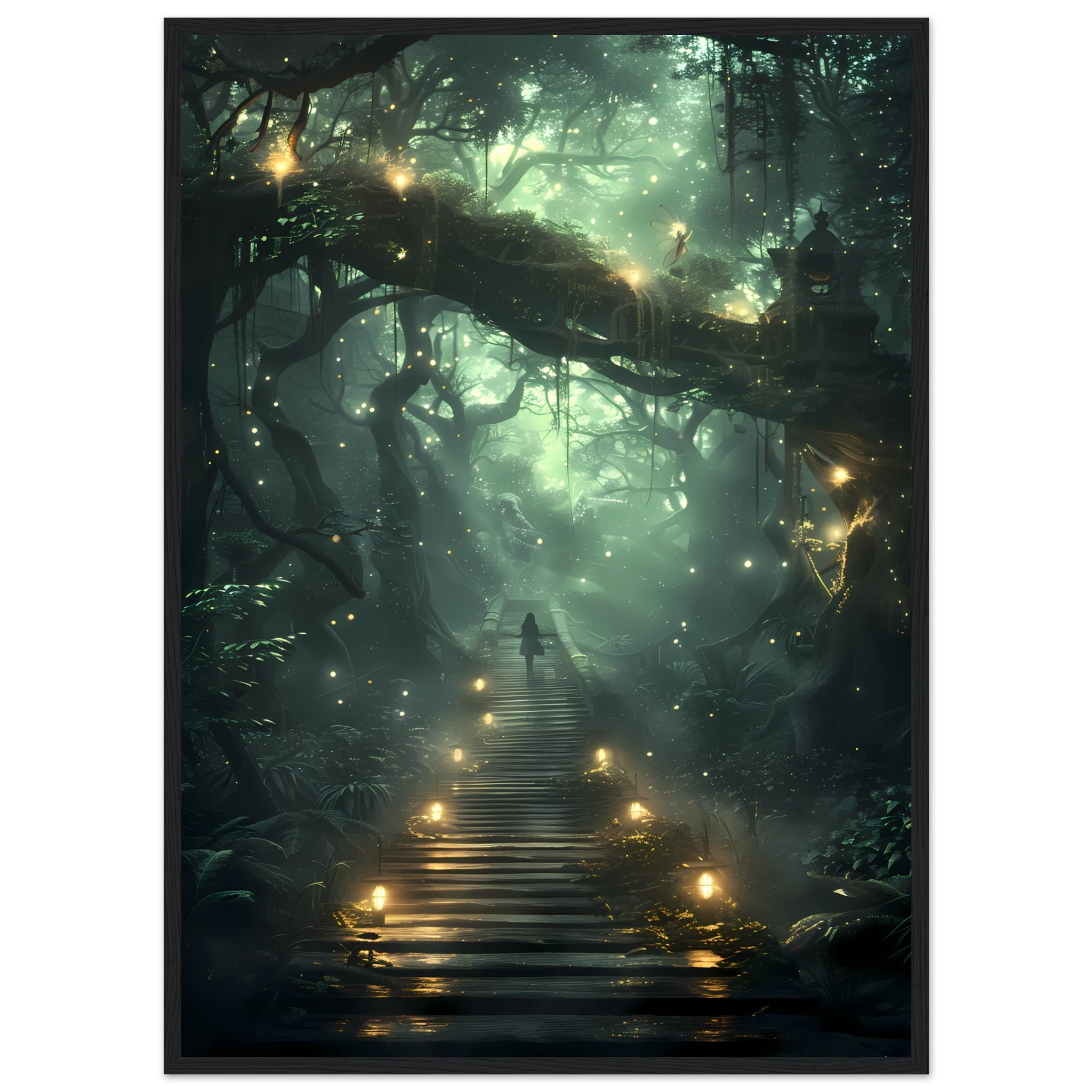 Glowing fairies in enchanted forest with bioluminescent mushrooms — whimsical wall art.