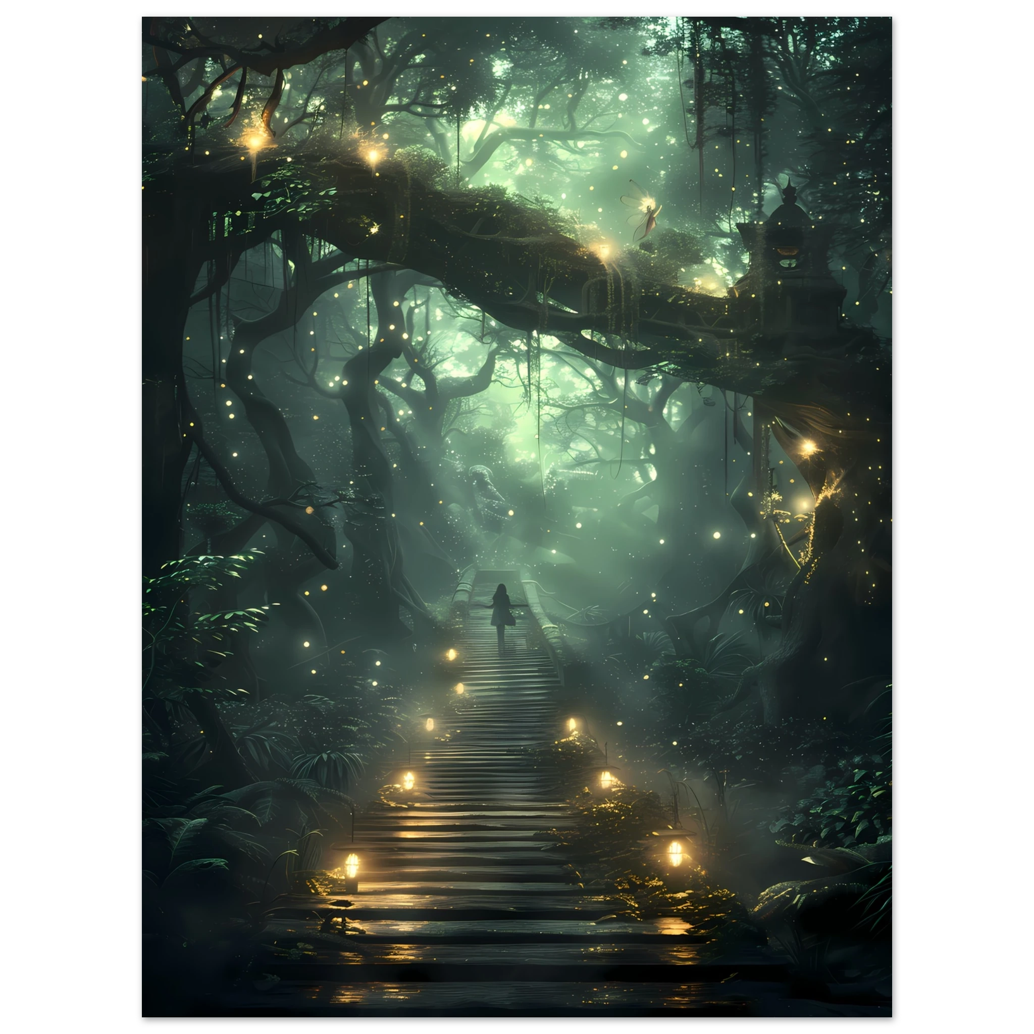 Glowing fairies in enchanted forest with bioluminescent mushrooms — whimsical wall art.