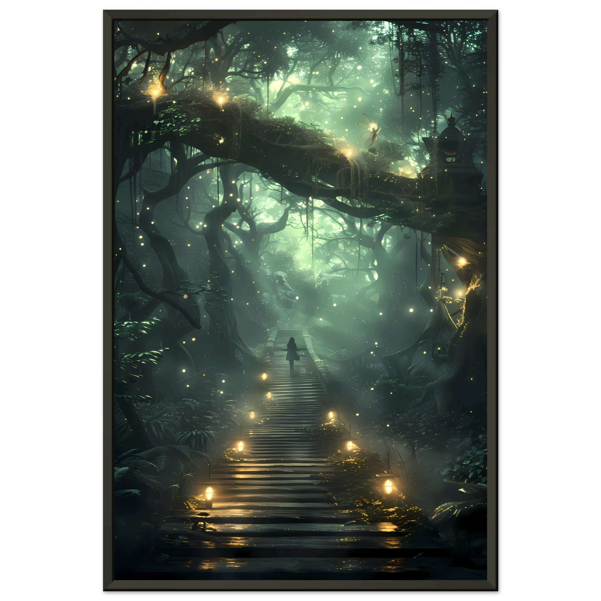 Glowing fairies in enchanted forest with bioluminescent mushrooms — whimsical wall art.