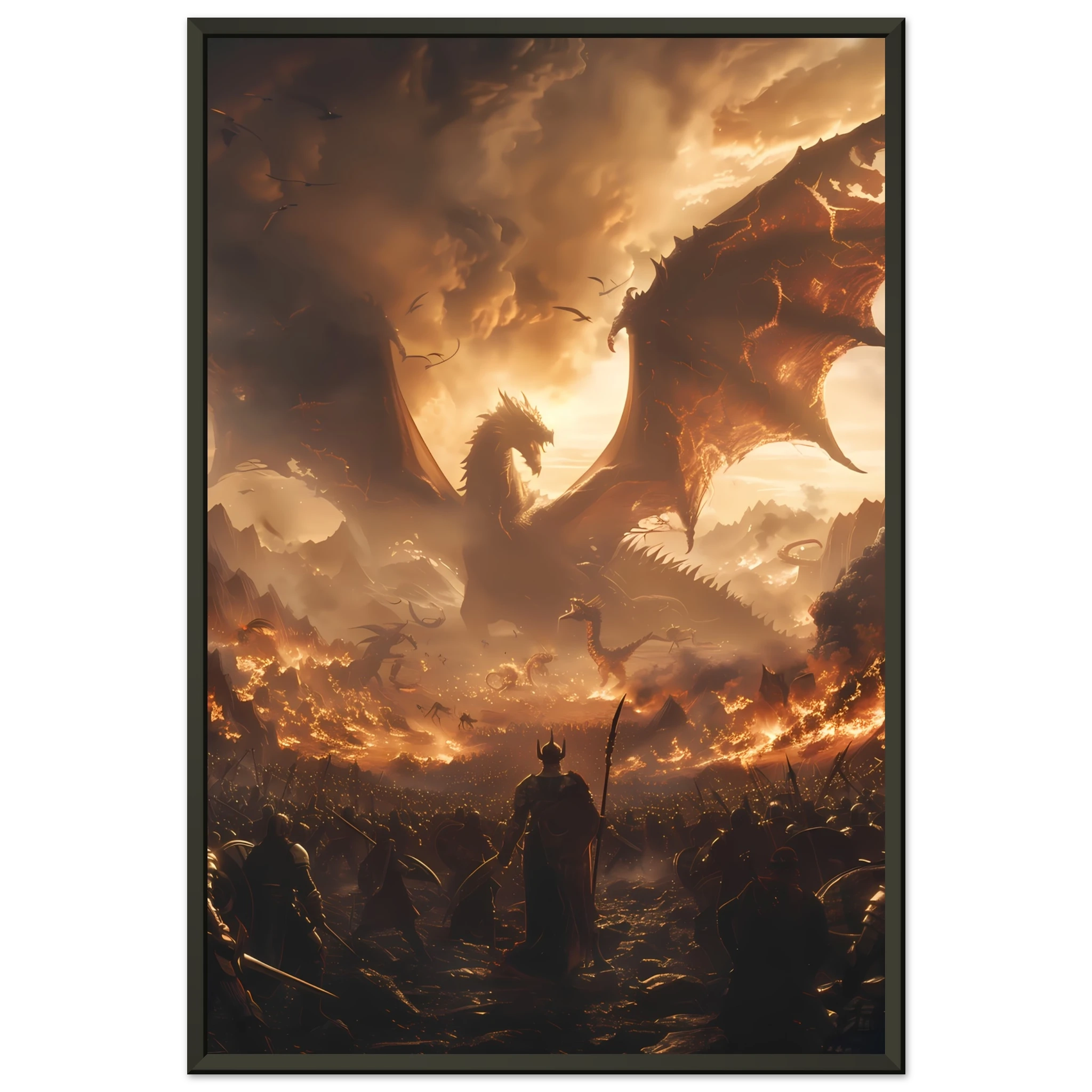 Massive fantasy battle scene with dragons, warriors, and glowing magic — cinematic wall print.