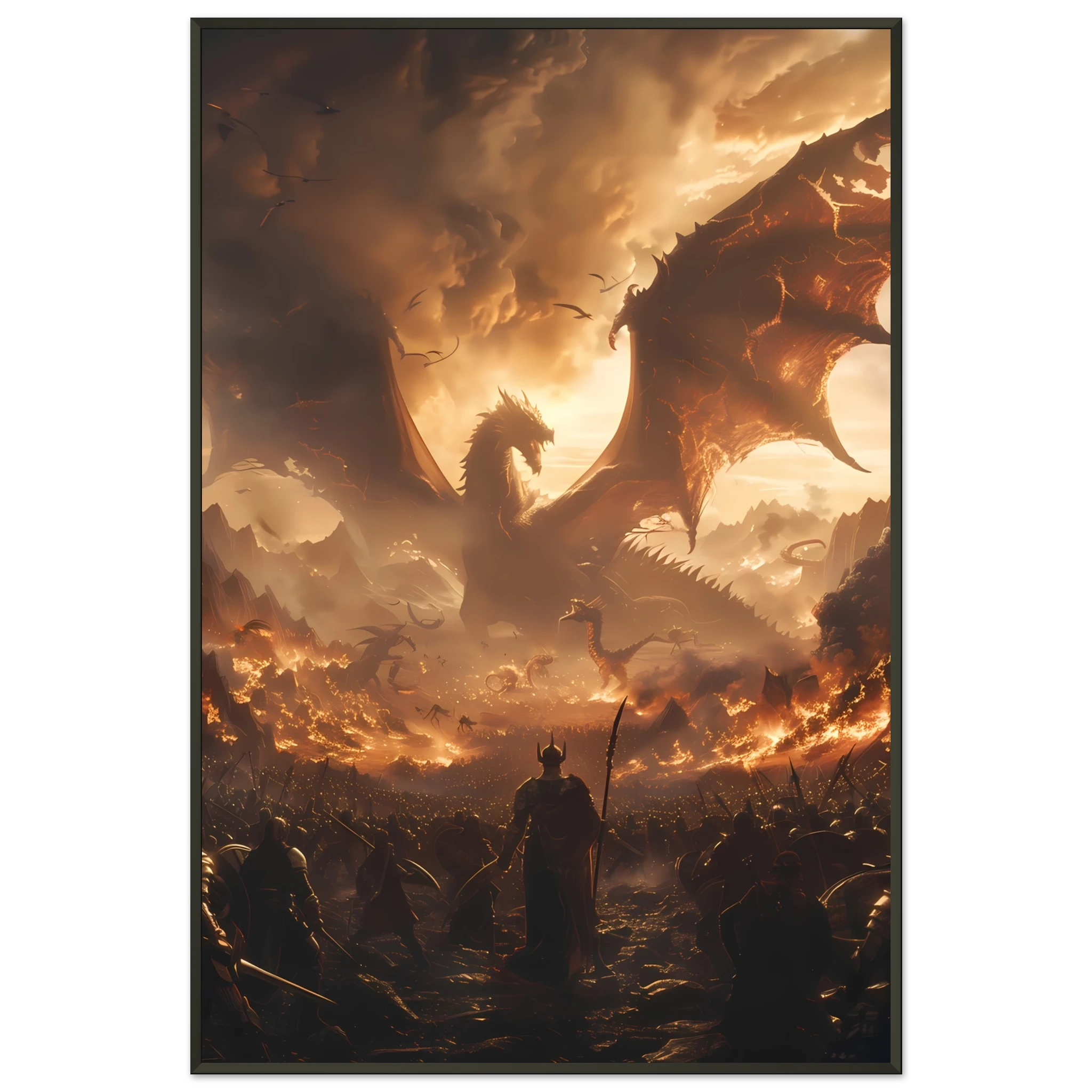 Massive fantasy battle scene with dragons, warriors, and glowing magic — cinematic wall print.