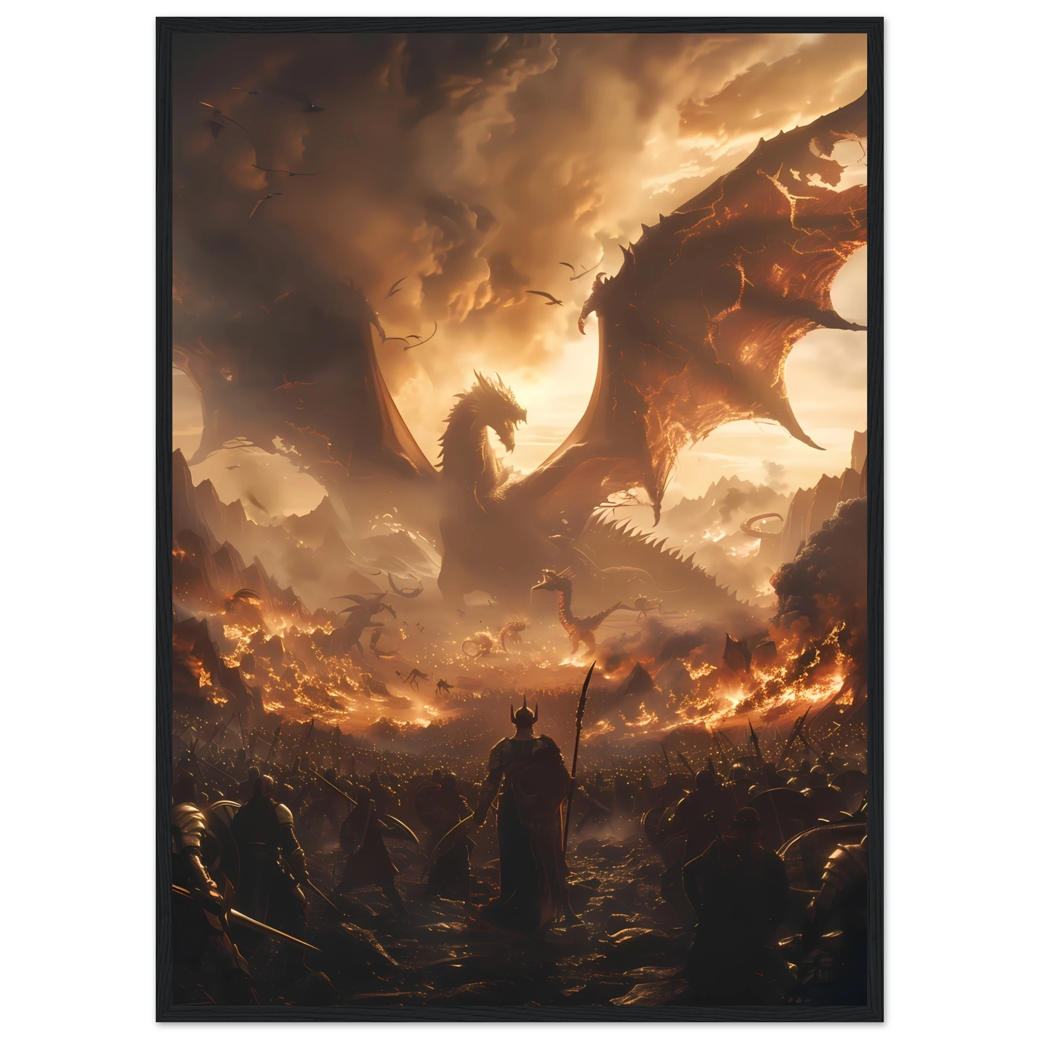Massive fantasy battle scene with dragons, warriors, and glowing magic — cinematic wall print.