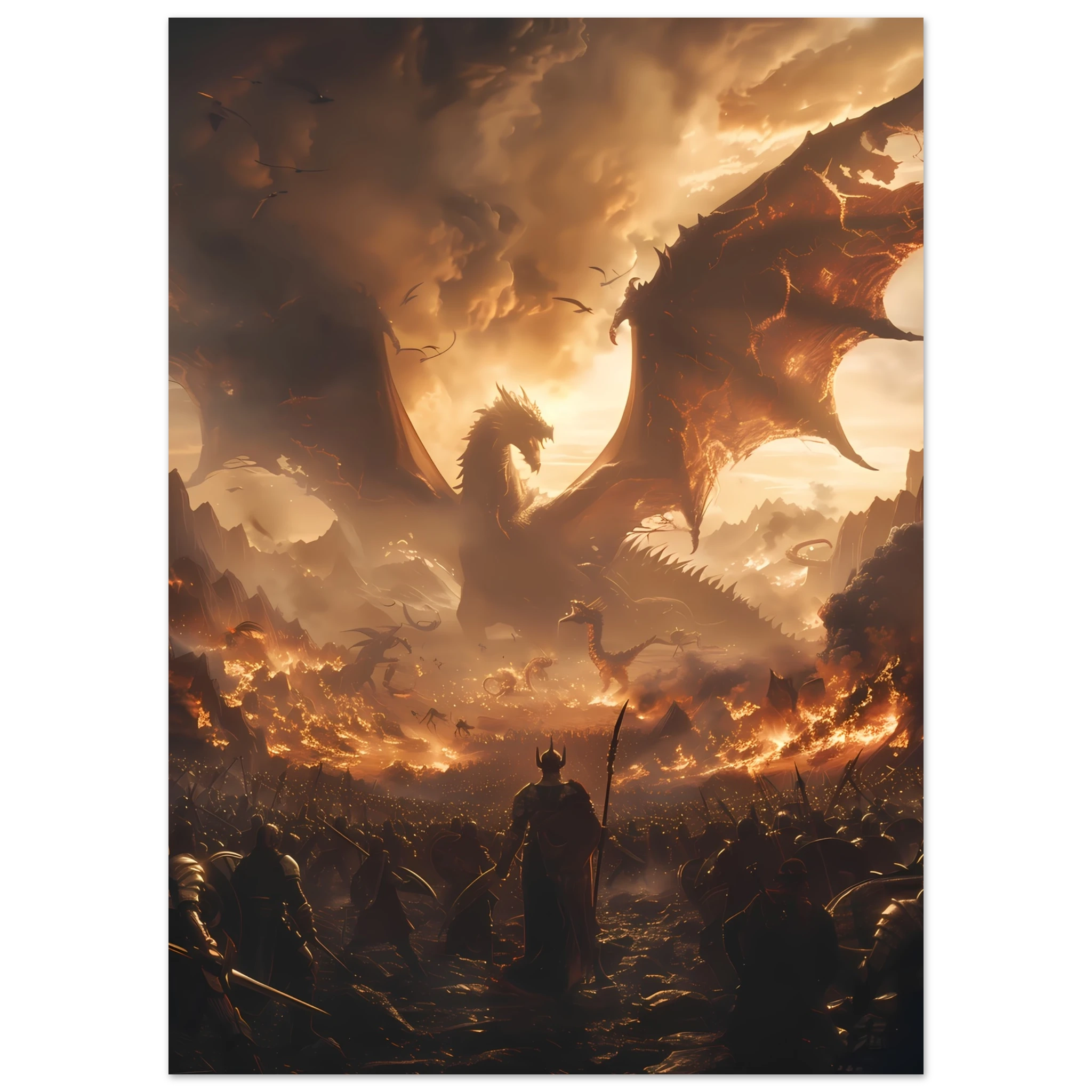 Massive fantasy battle scene with dragons, warriors, and glowing magic — cinematic wall print.