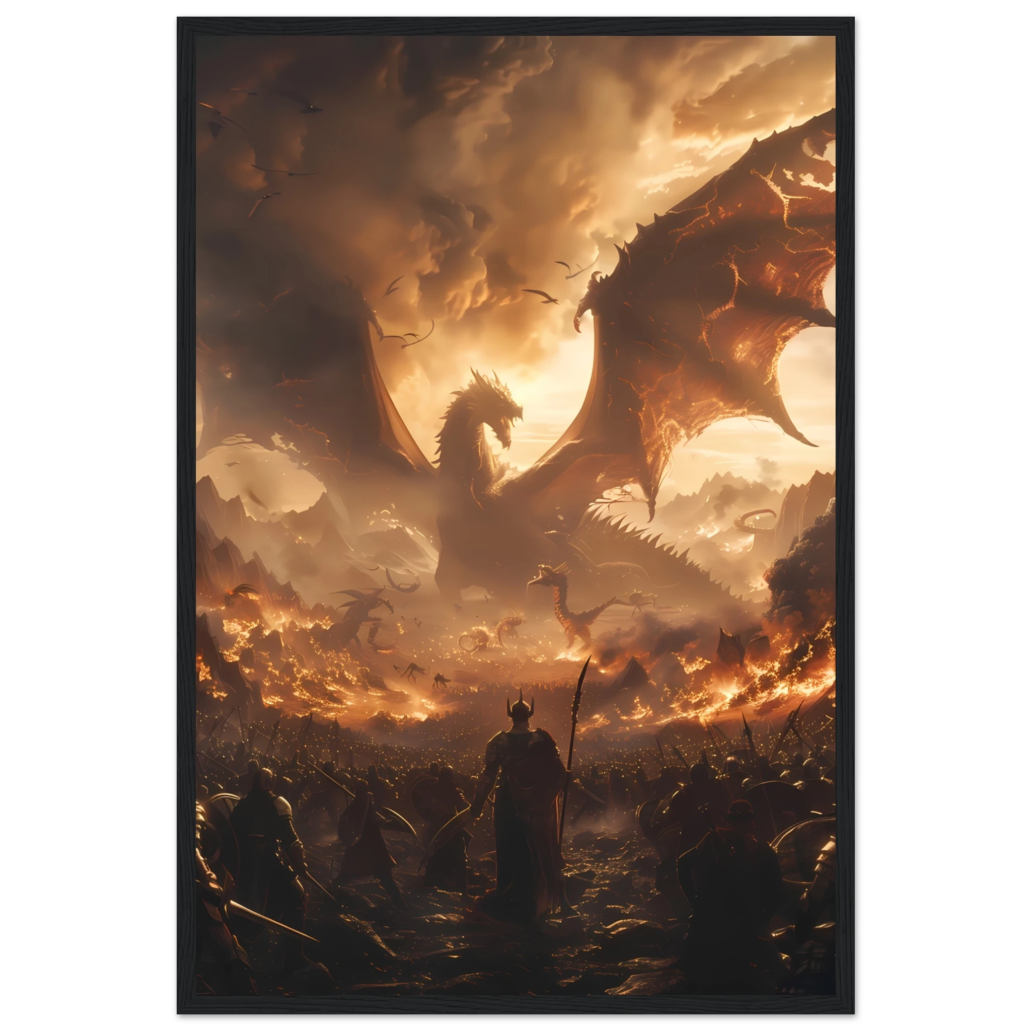 Massive fantasy battle scene with dragons, warriors, and glowing magic — cinematic wall print.
