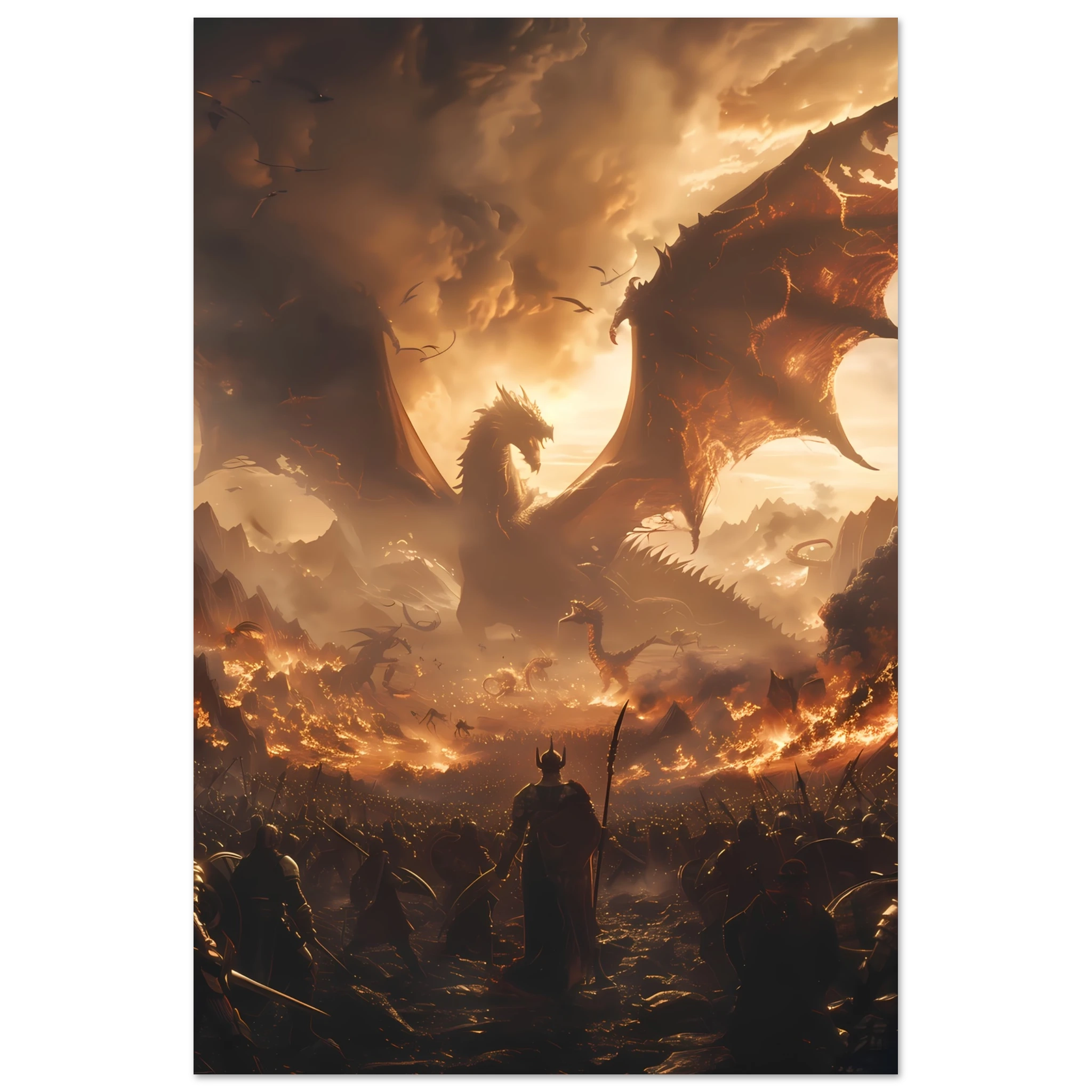 Massive fantasy battle scene with dragons, warriors, and glowing magic — cinematic wall print.