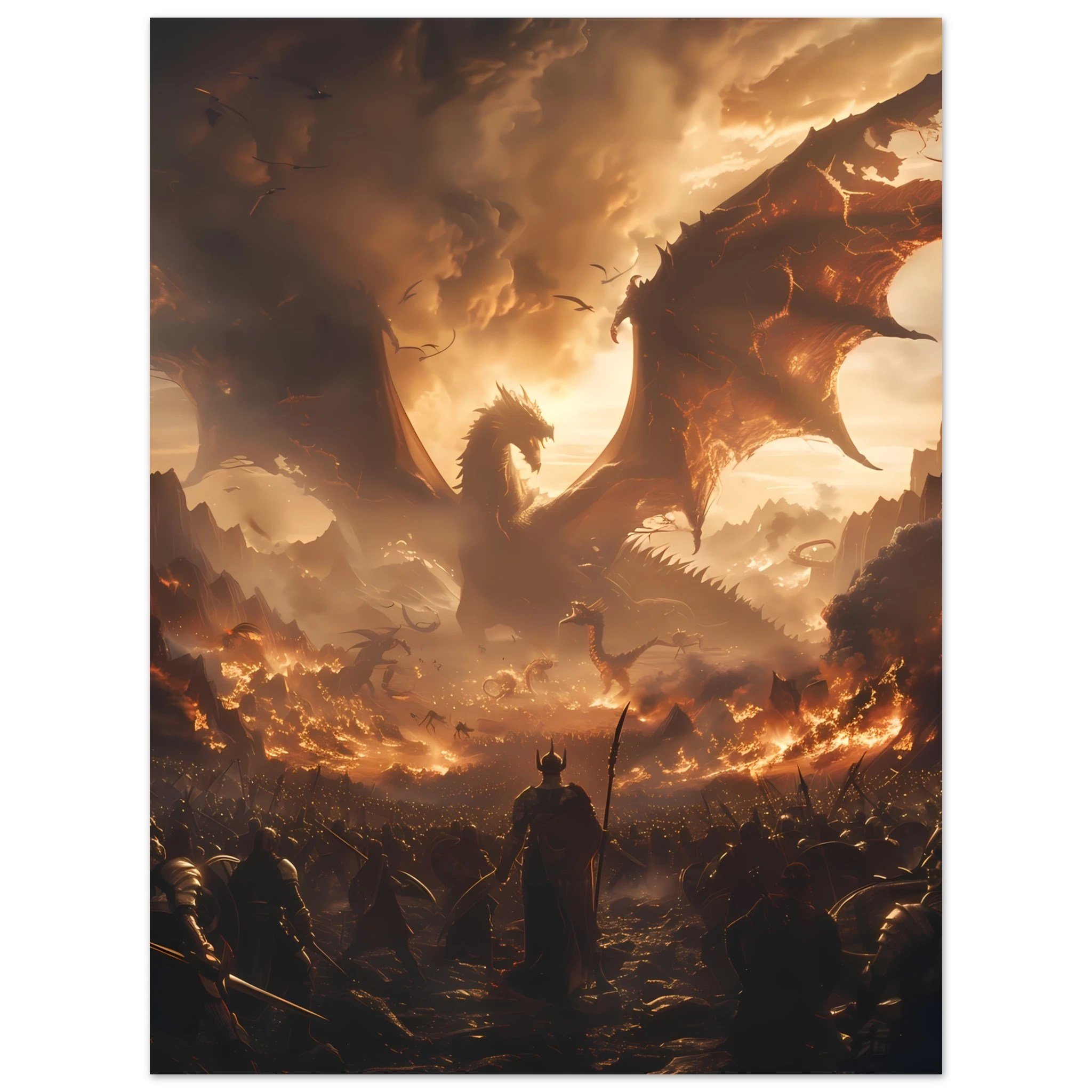 Massive fantasy battle scene with dragons, warriors, and glowing magic — cinematic wall print.