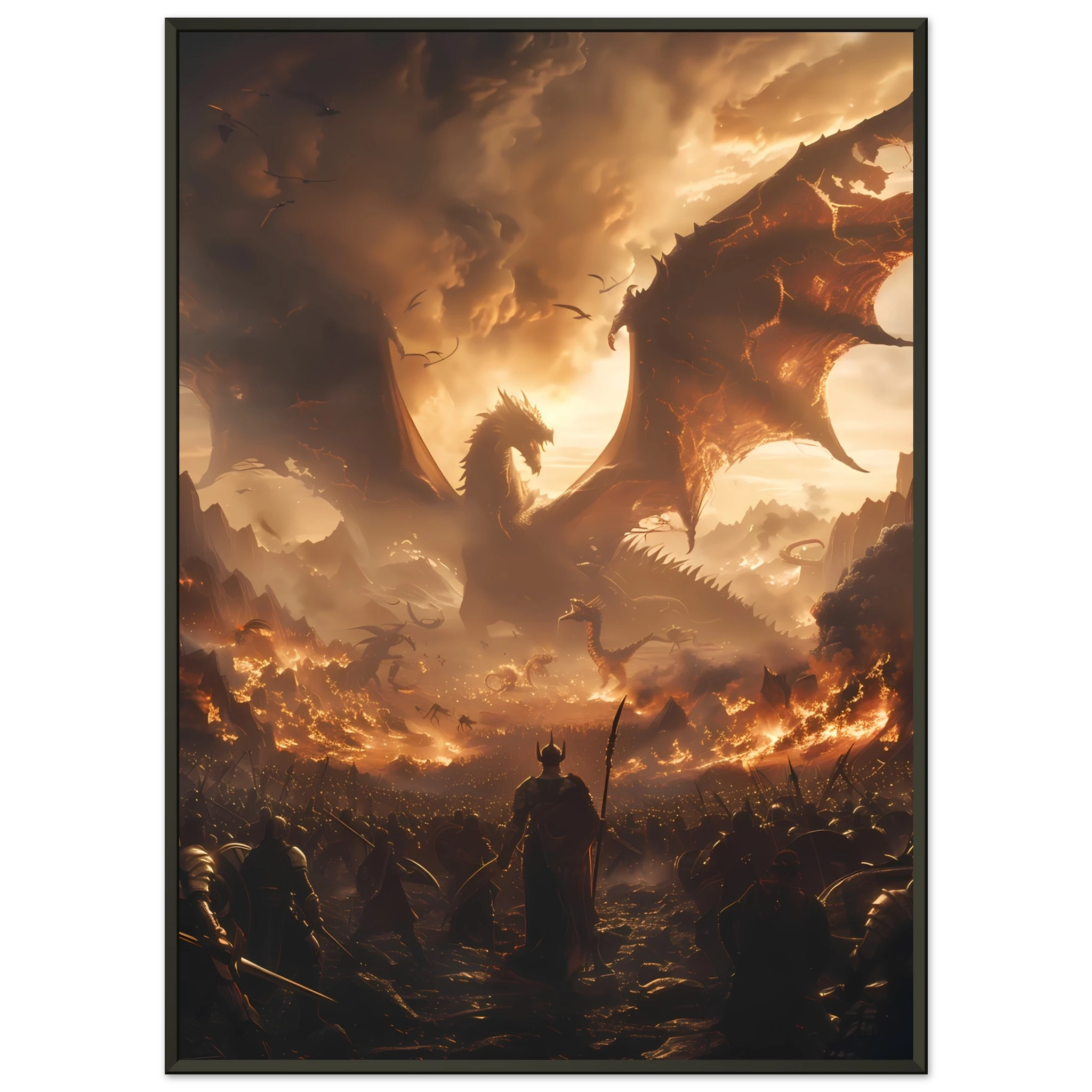 Massive fantasy battle scene with dragons, warriors, and glowing magic — cinematic wall print.