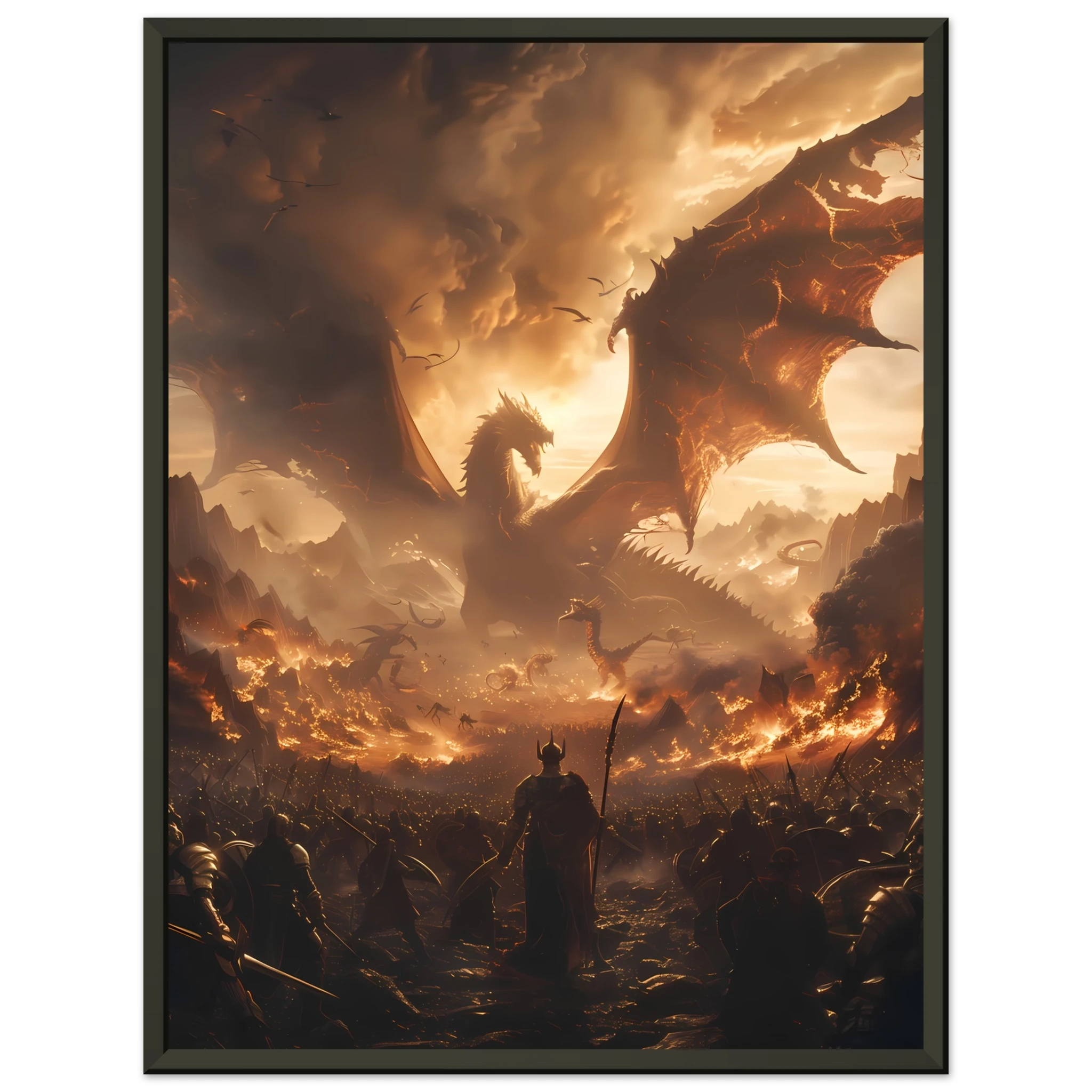 Massive fantasy battle scene with dragons, warriors, and glowing magic — cinematic wall print.