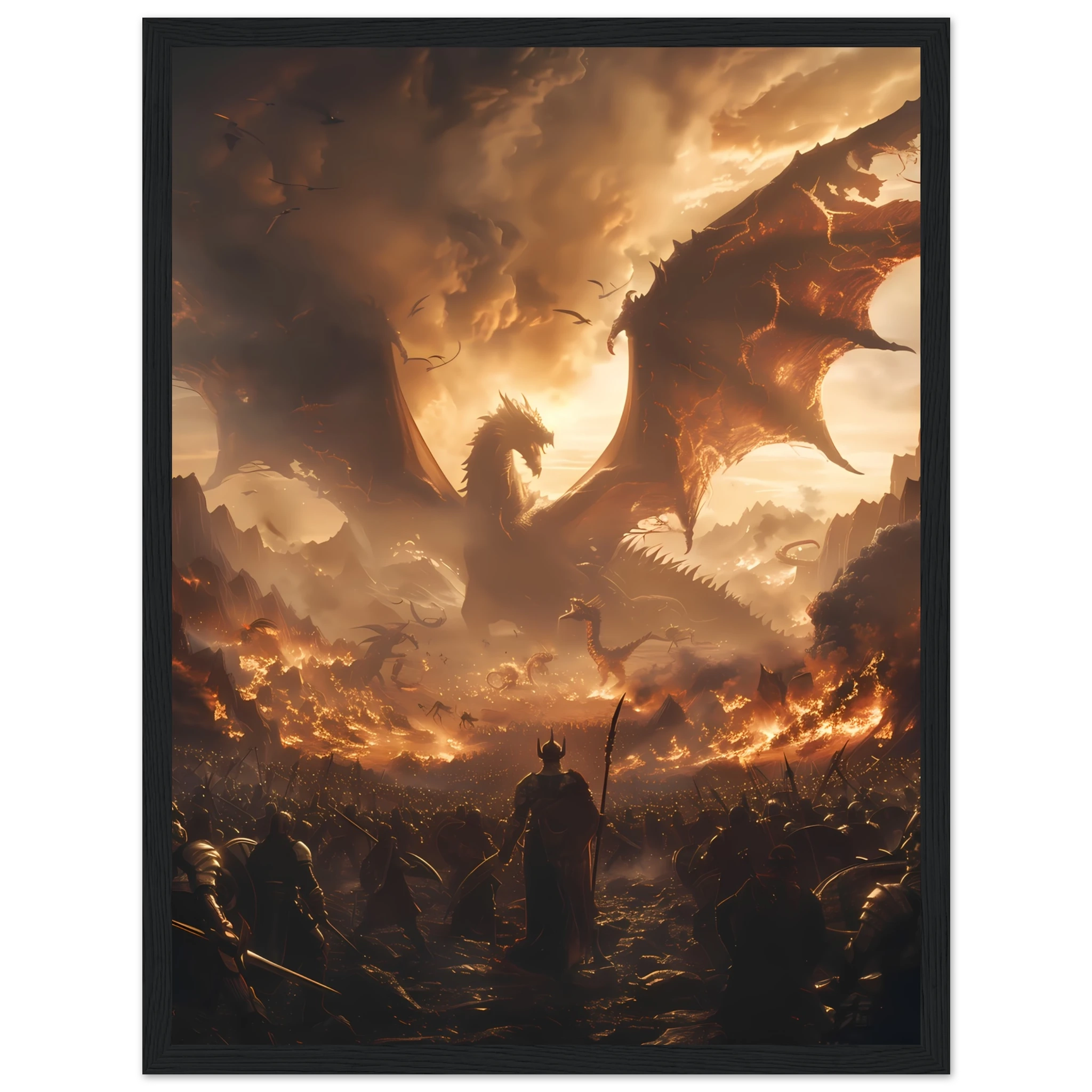 Massive fantasy battle scene with dragons, warriors, and glowing magic — cinematic wall print.