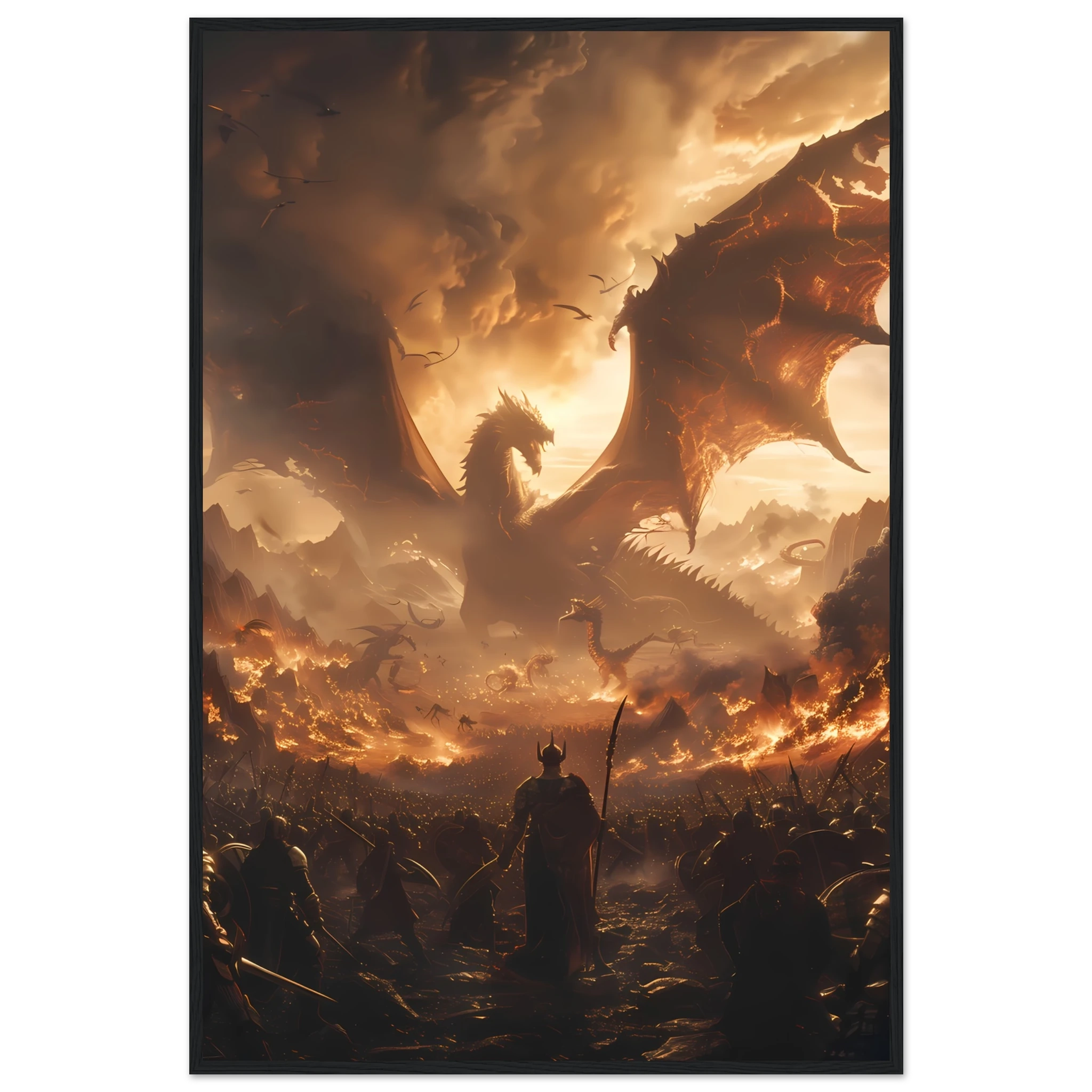 Massive fantasy battle scene with dragons, warriors, and glowing magic — cinematic wall print.
