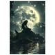 Mermaid sitting under moonlight beside glowing lagoon — serene marine fantasy wall art.