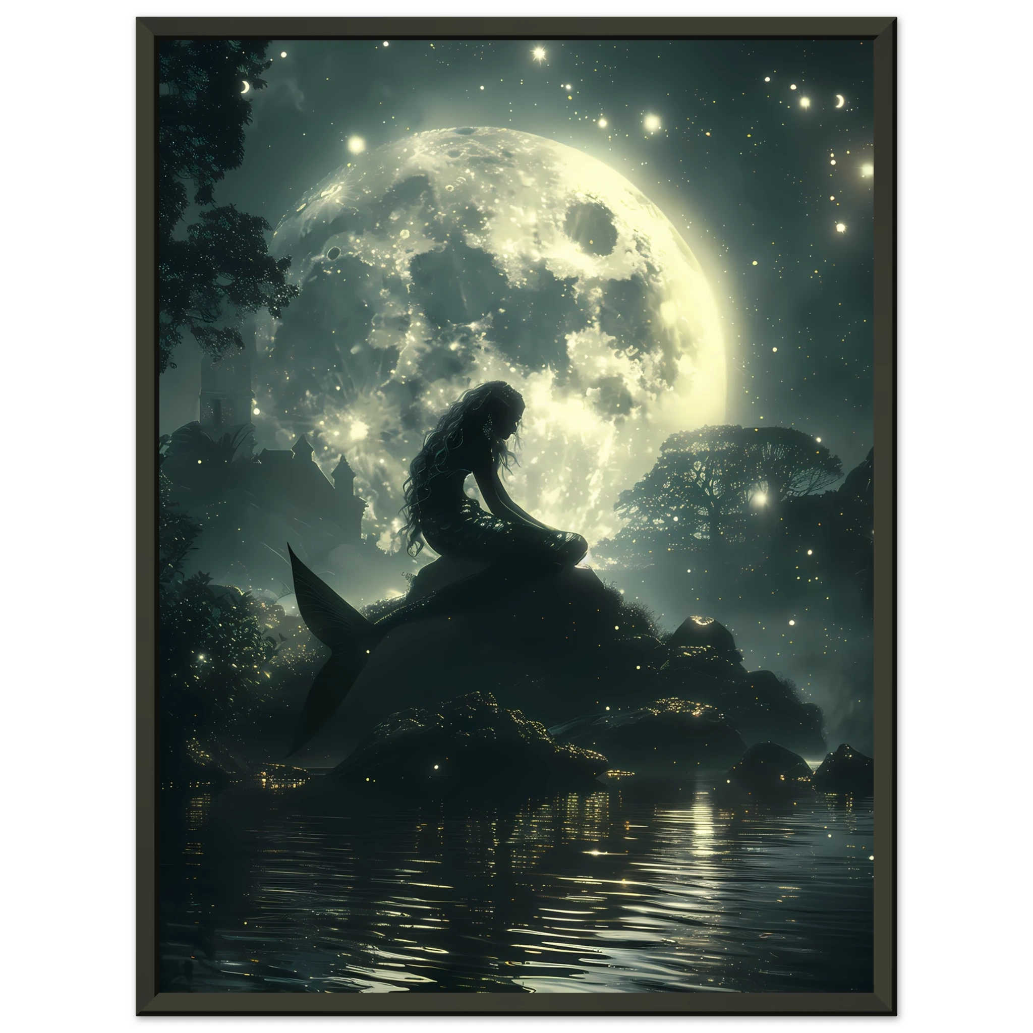 Mermaid sitting under moonlight beside glowing lagoon — serene marine fantasy wall art.