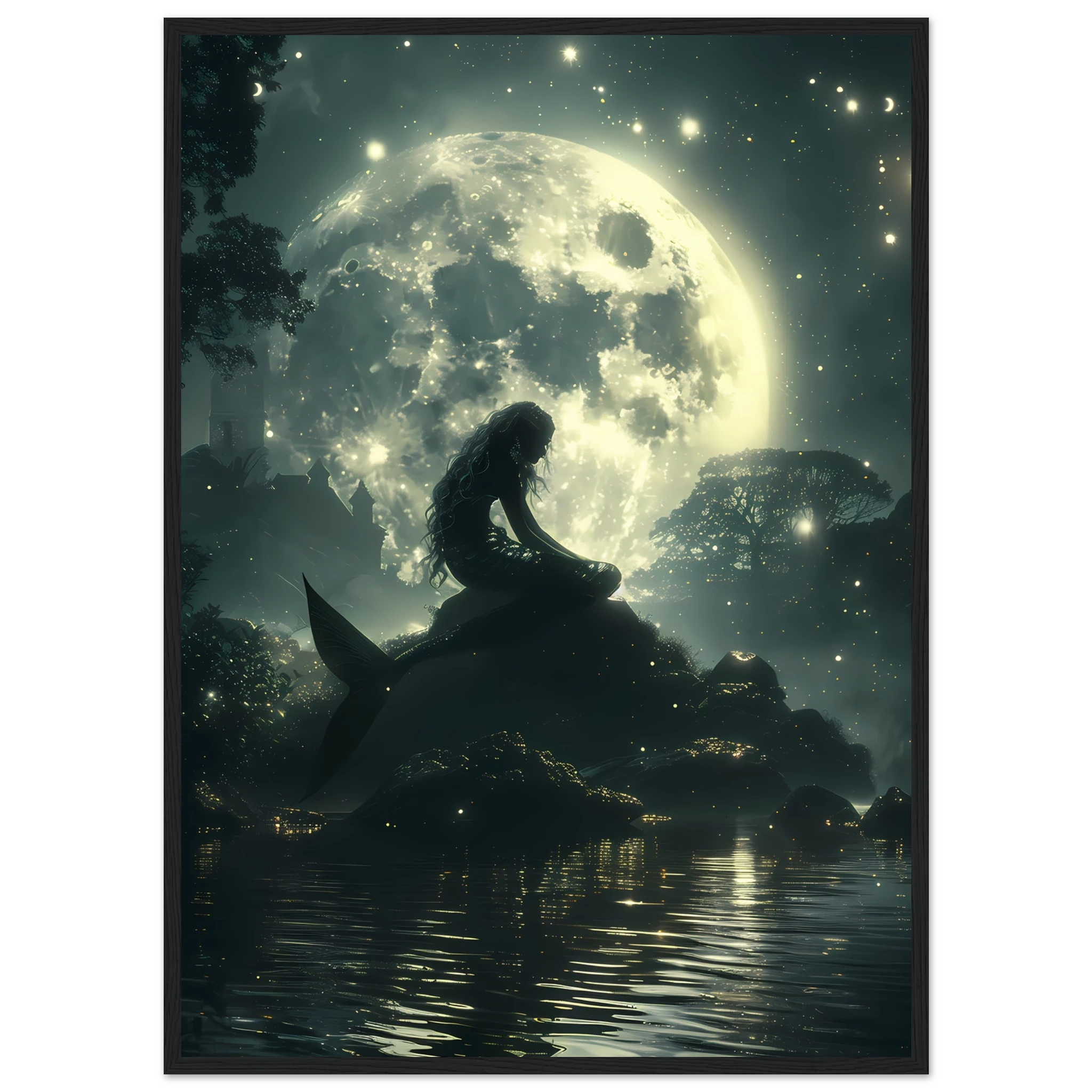 Mermaid sitting under moonlight beside glowing lagoon — serene marine fantasy wall art.