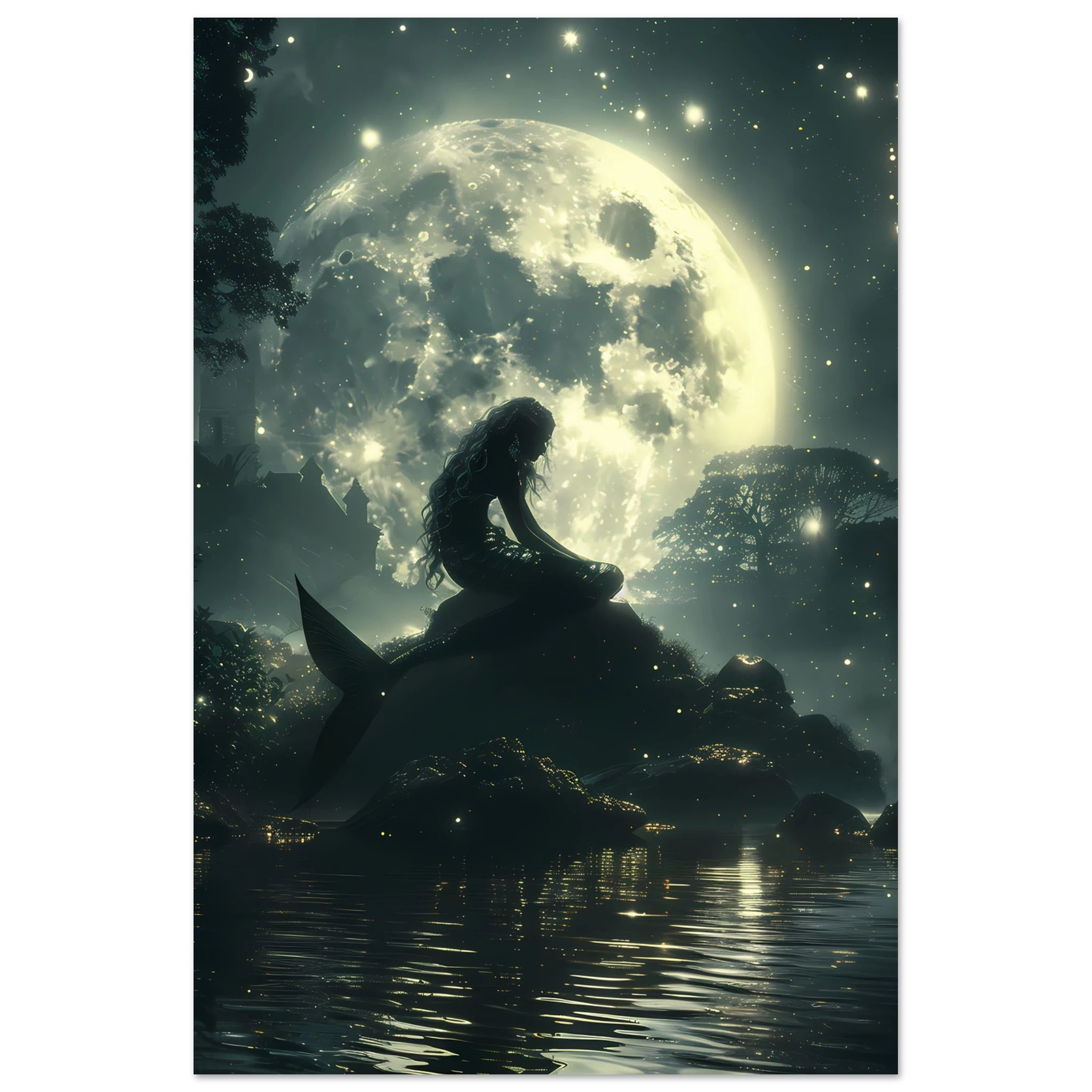 Mermaid sitting under moonlight beside glowing lagoon — serene marine fantasy wall art.