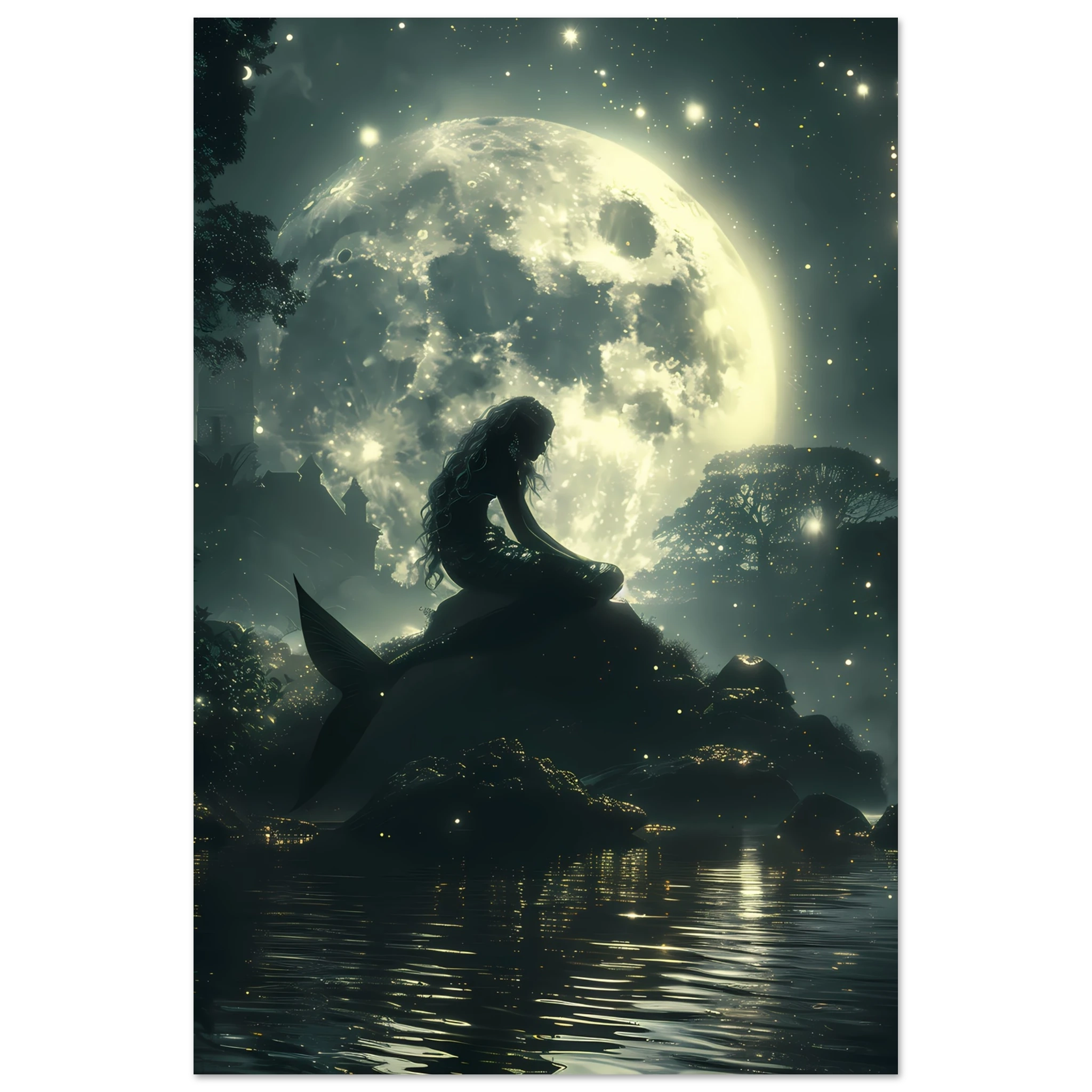 Mermaid sitting under moonlight beside glowing lagoon — serene marine fantasy wall art.