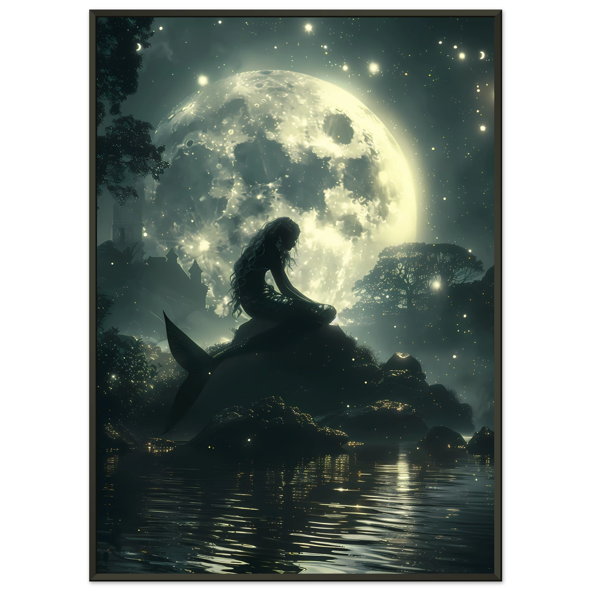 Mermaid sitting under moonlight beside glowing lagoon — serene marine fantasy wall art.