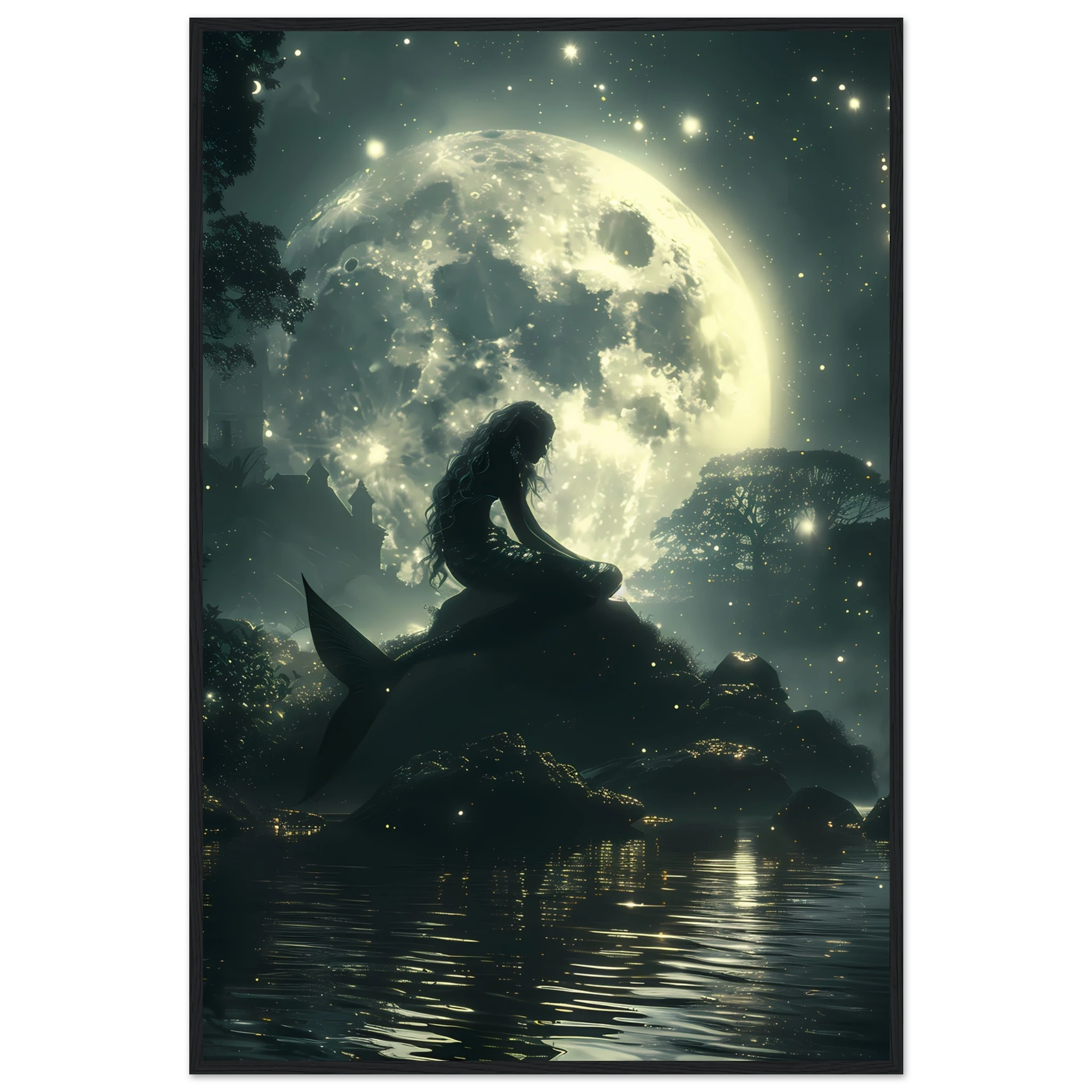 Mermaid sitting under moonlight beside glowing lagoon — serene marine fantasy wall art.