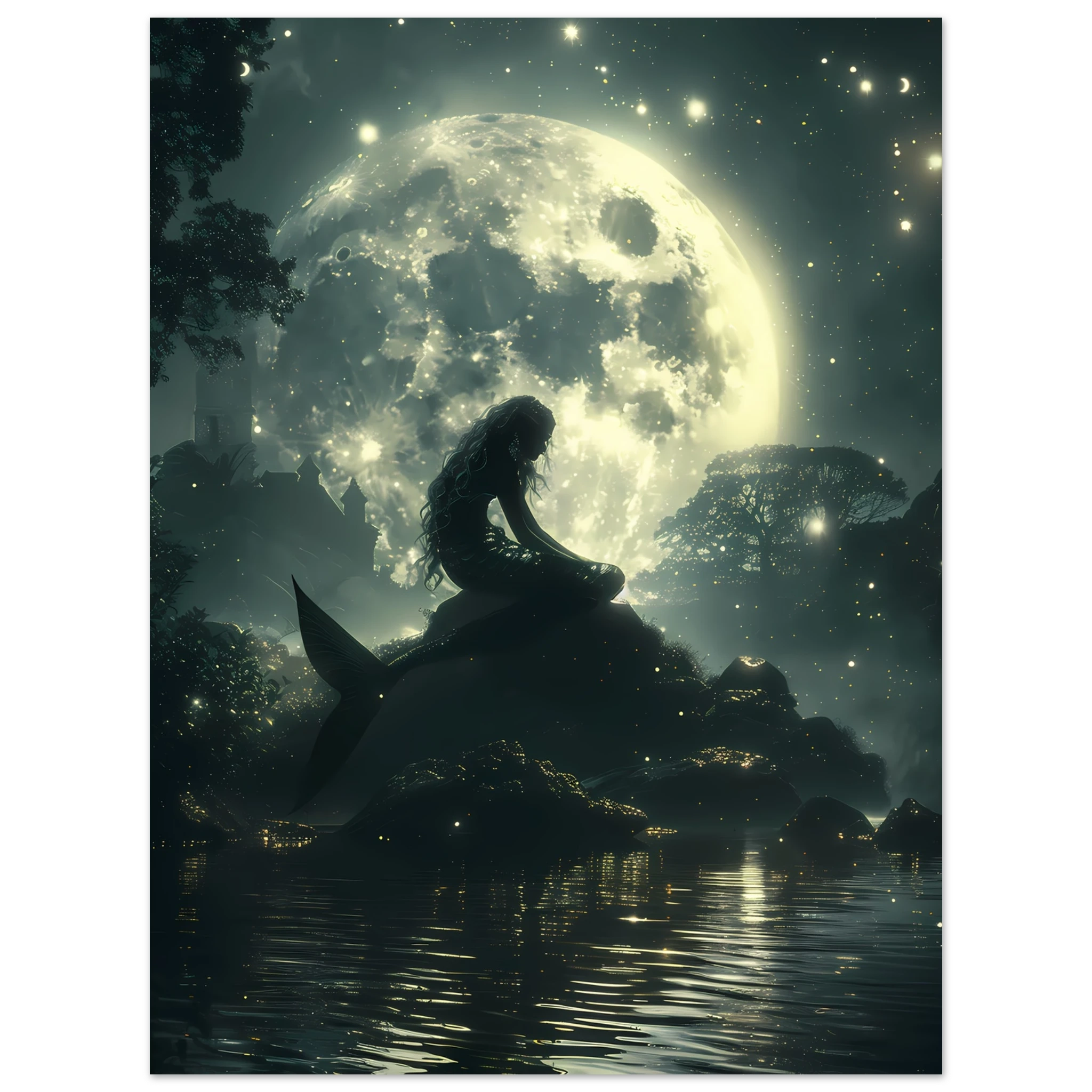 Mermaid sitting under moonlight beside glowing lagoon — serene marine fantasy wall art.
