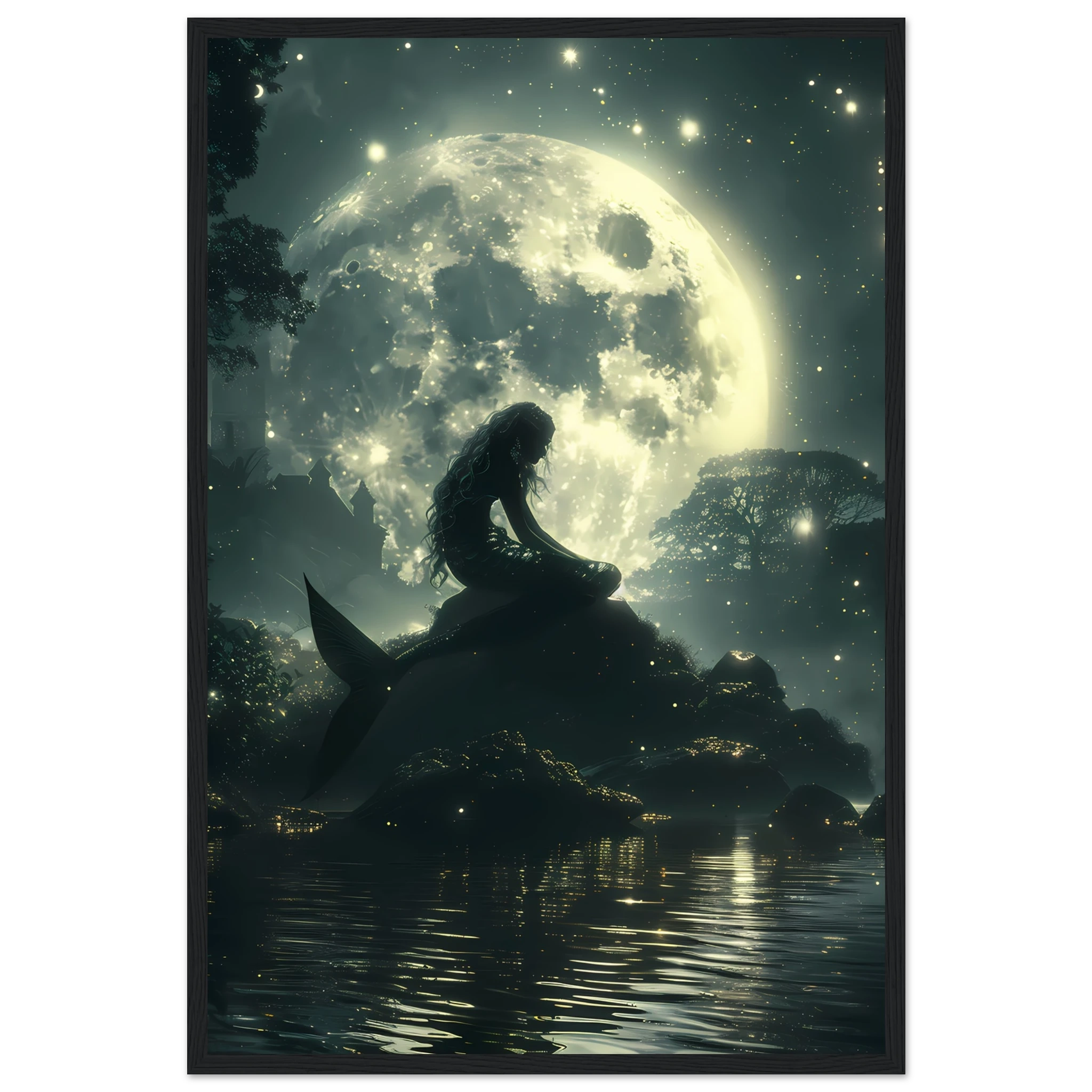 Mermaid sitting under moonlight beside glowing lagoon — serene marine fantasy wall art.