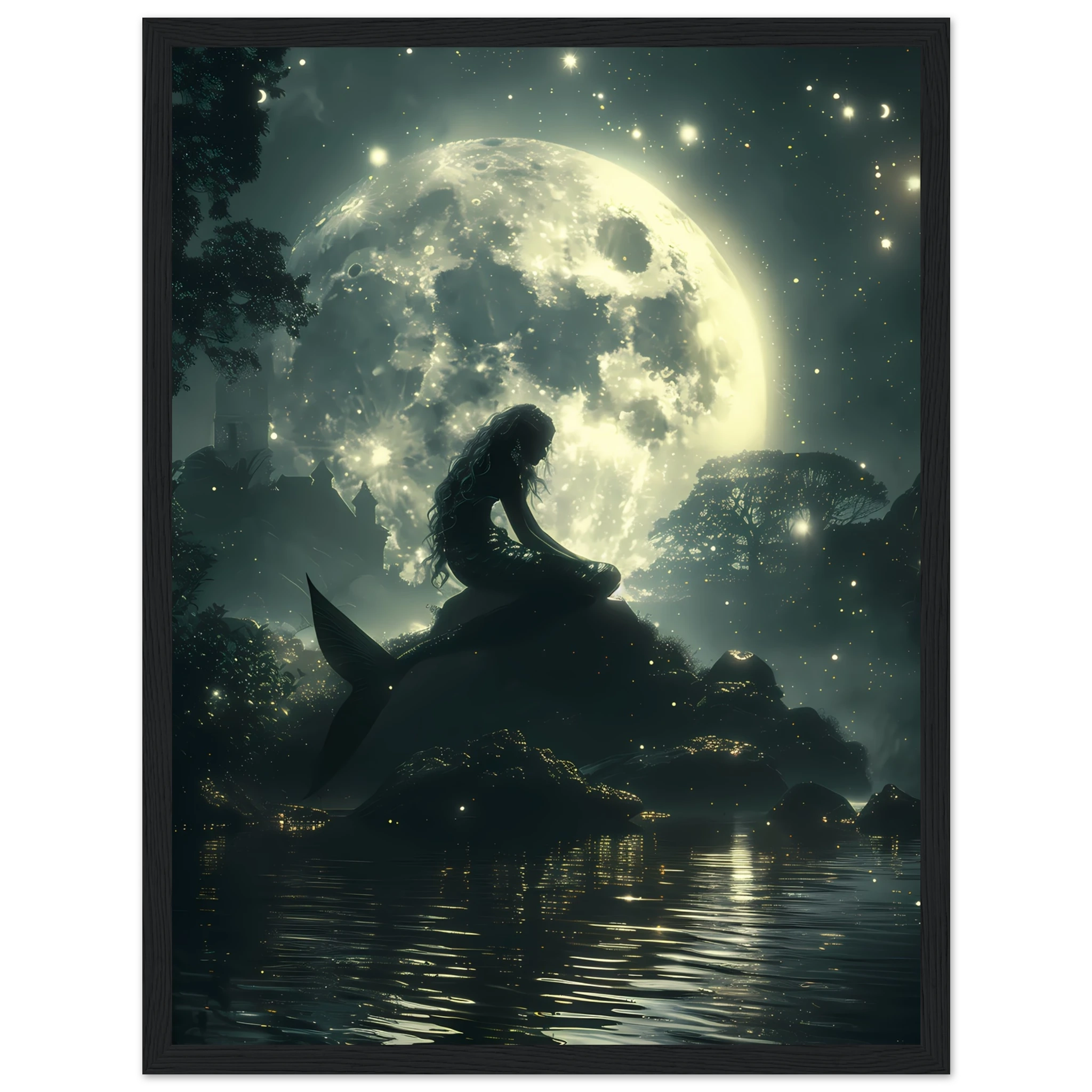 Mermaid sitting under moonlight beside glowing lagoon — serene marine fantasy wall art.