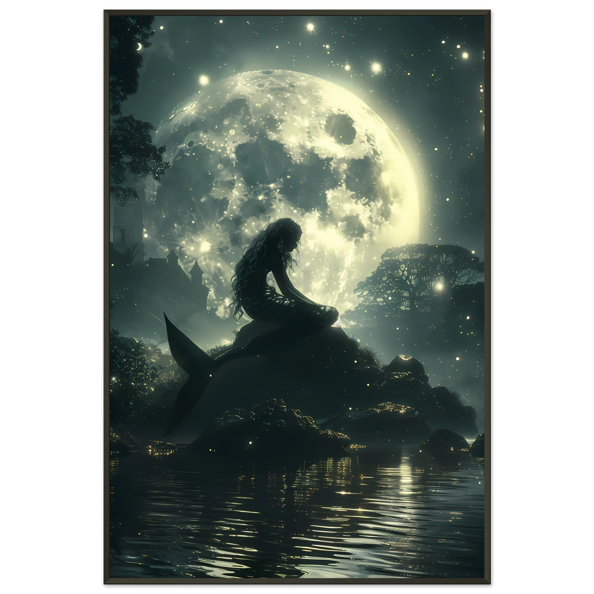 Mermaid sitting under moonlight beside glowing lagoon — serene marine fantasy wall art.
