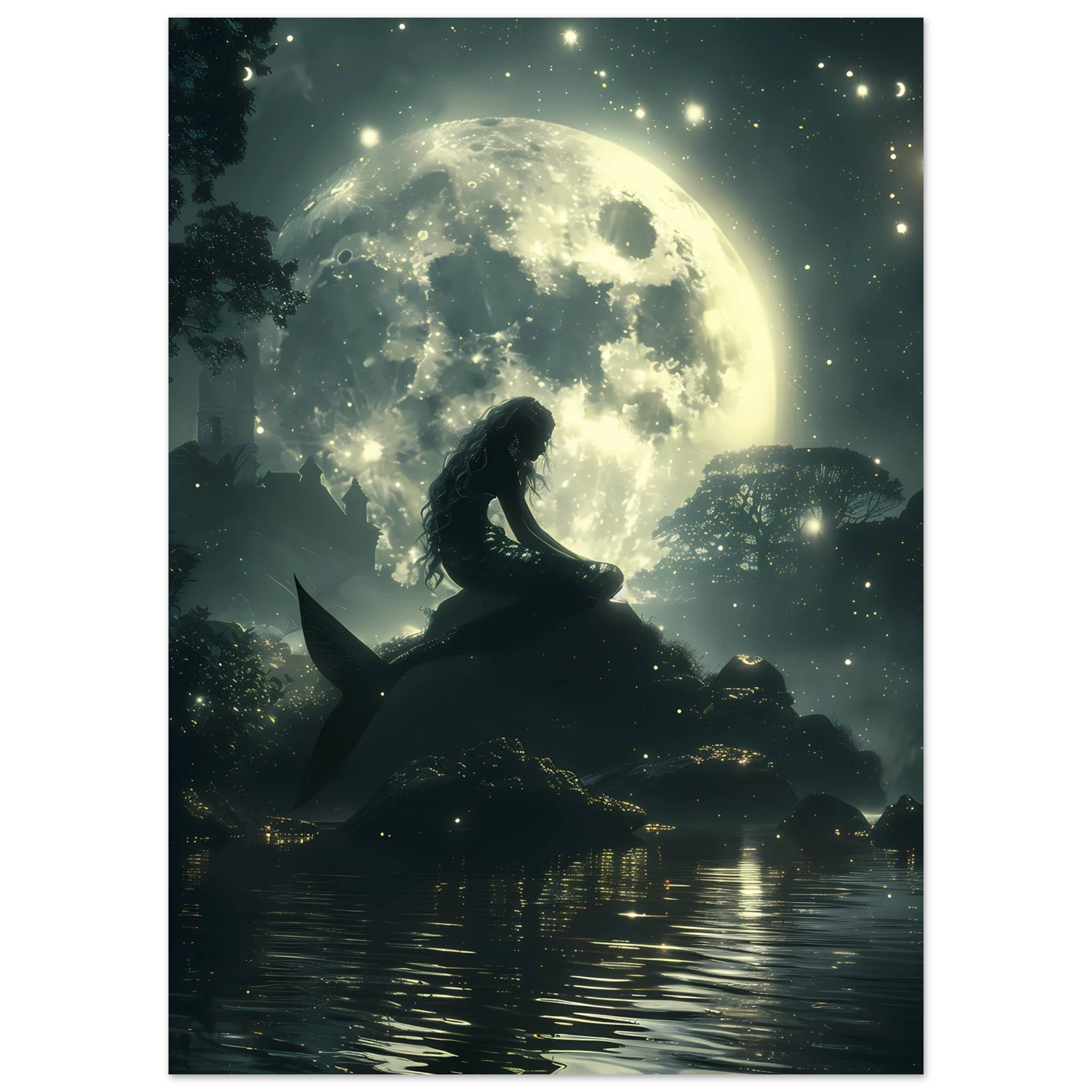 Mermaid sitting under moonlight beside glowing lagoon — serene marine fantasy wall art.