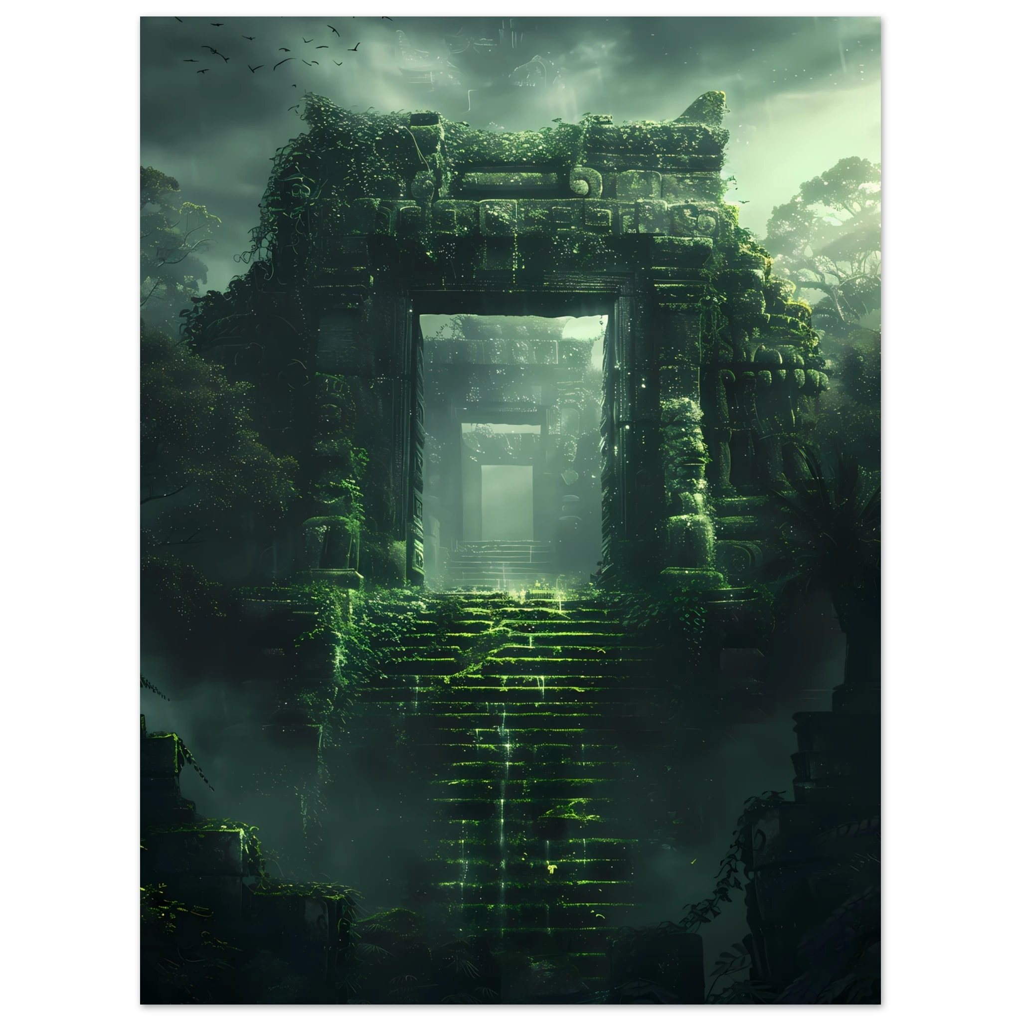 Ancient ruins covered in glowing vines and moss — surreal fantasy botanical art.