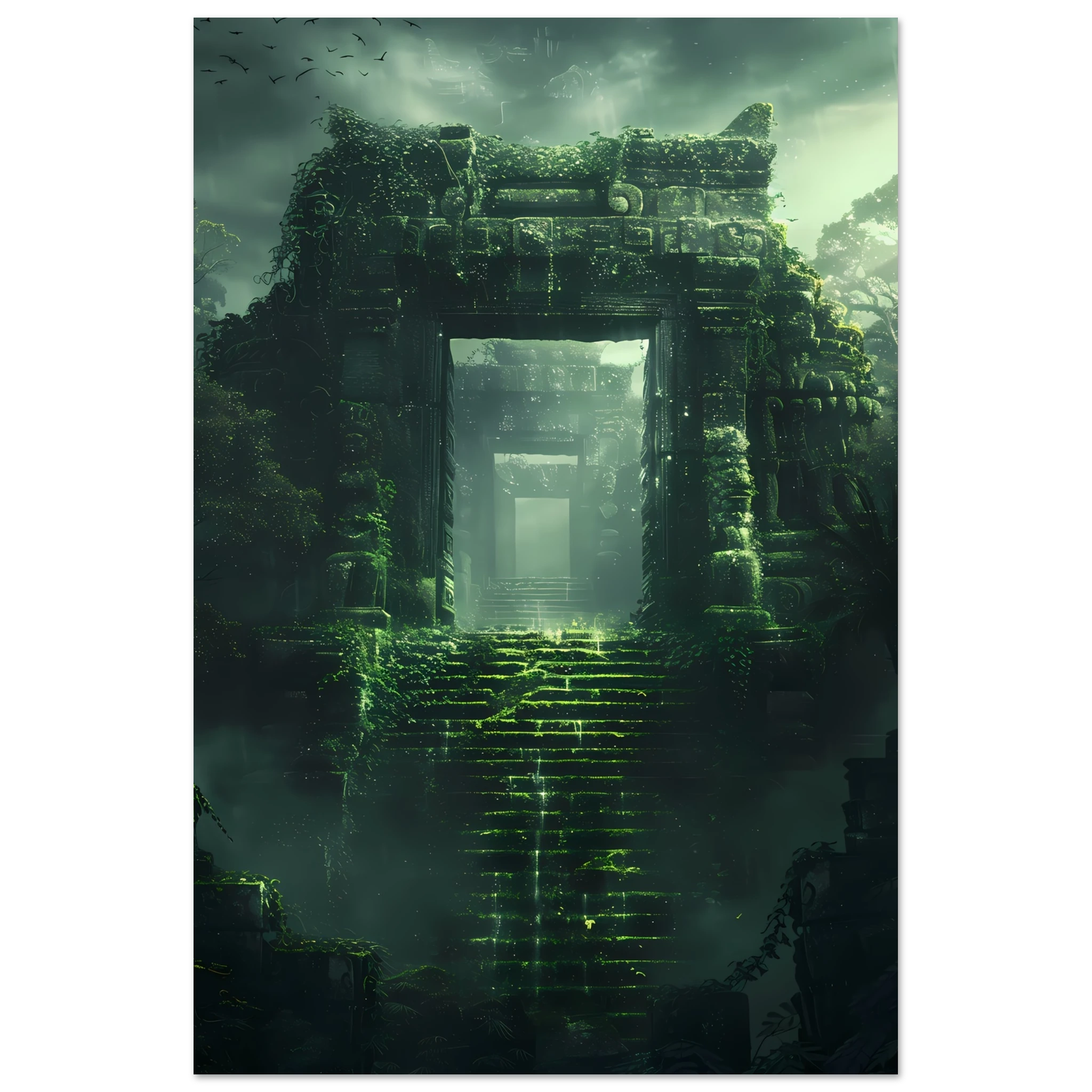 Ancient ruins covered in glowing vines and moss — surreal fantasy botanical art.