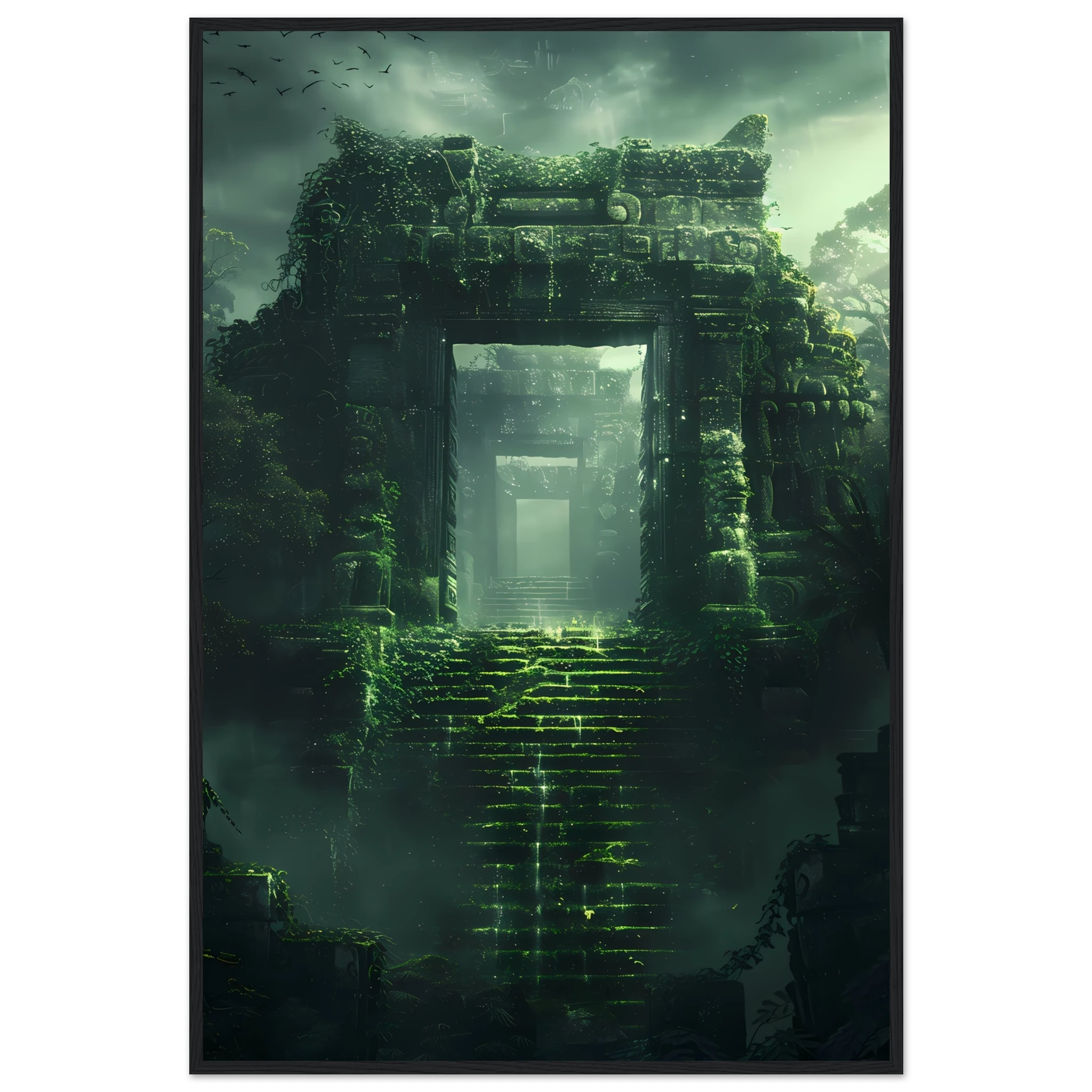 Ancient ruins covered in glowing vines and moss — surreal fantasy botanical art.