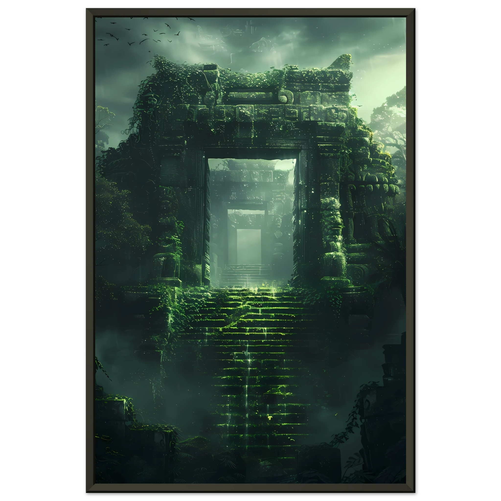 Ancient ruins covered in glowing vines and moss — surreal fantasy botanical art.