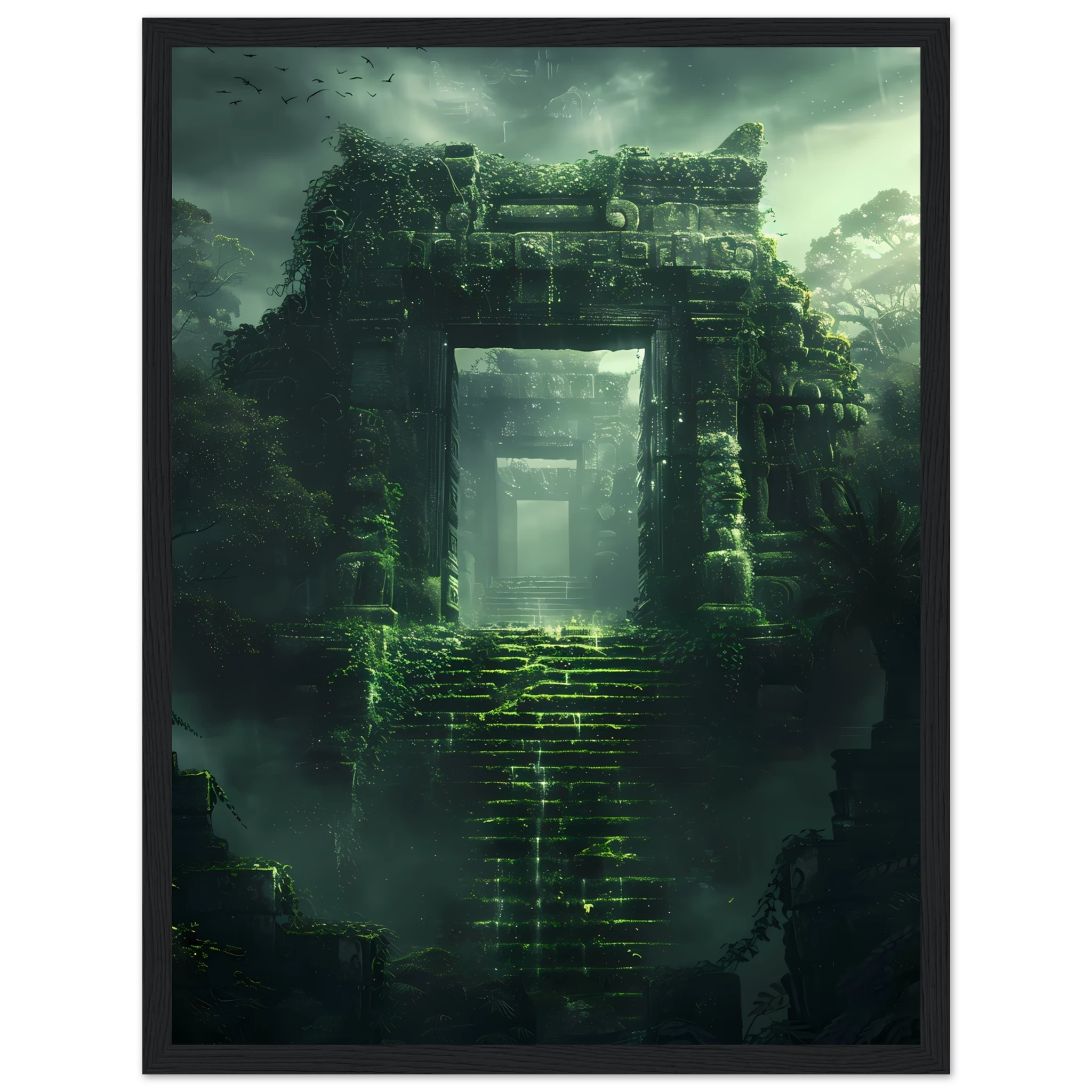 Ancient ruins covered in glowing vines and moss — surreal fantasy botanical art.