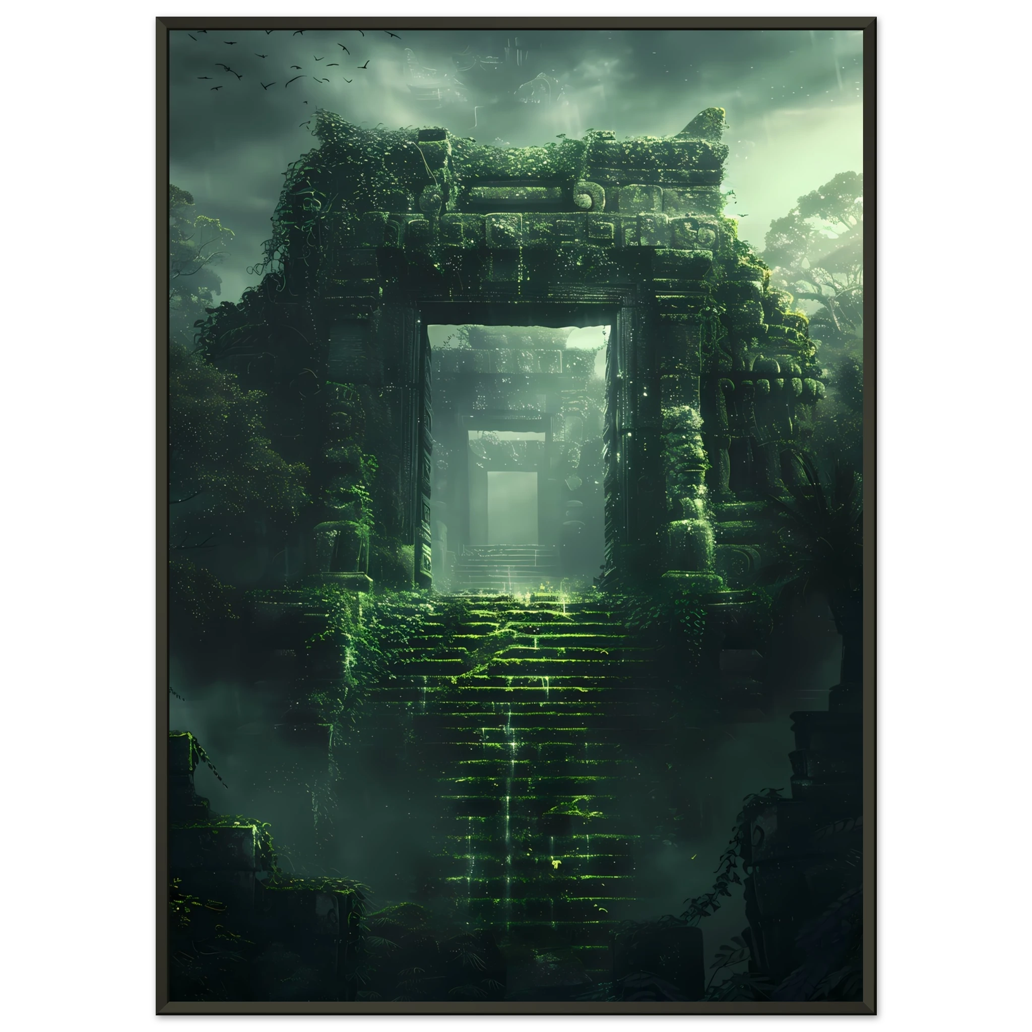 Ancient ruins covered in glowing vines and moss — surreal fantasy botanical art.