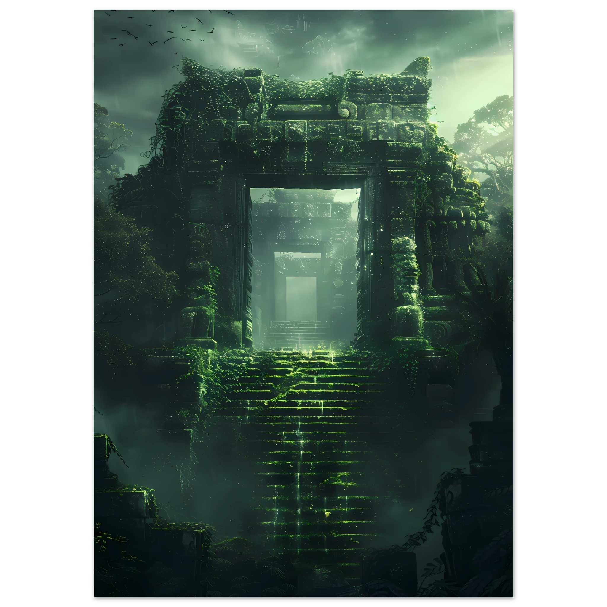 Ancient ruins covered in glowing vines and moss — surreal fantasy botanical art.