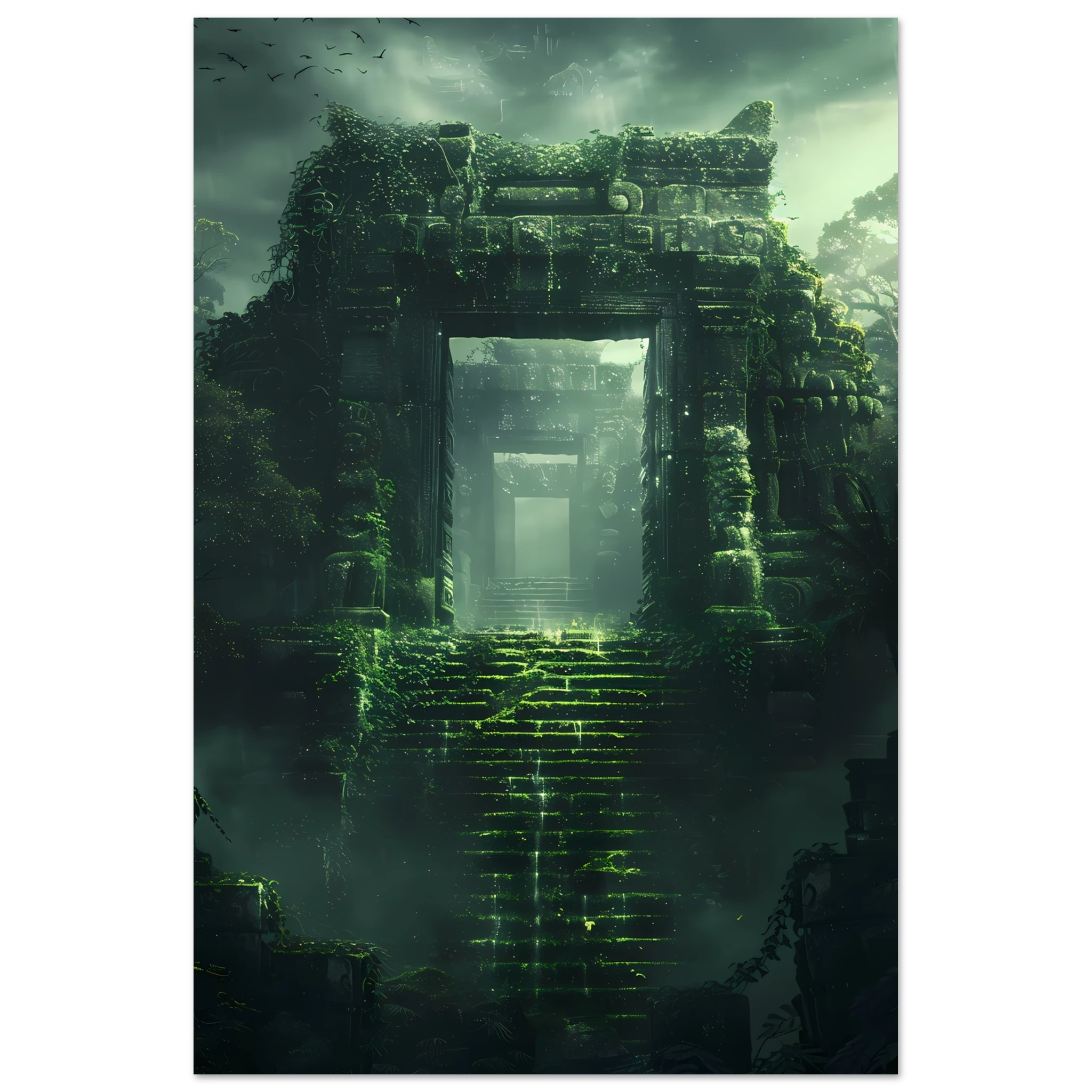 Ancient ruins covered in glowing vines and moss — surreal fantasy botanical art.