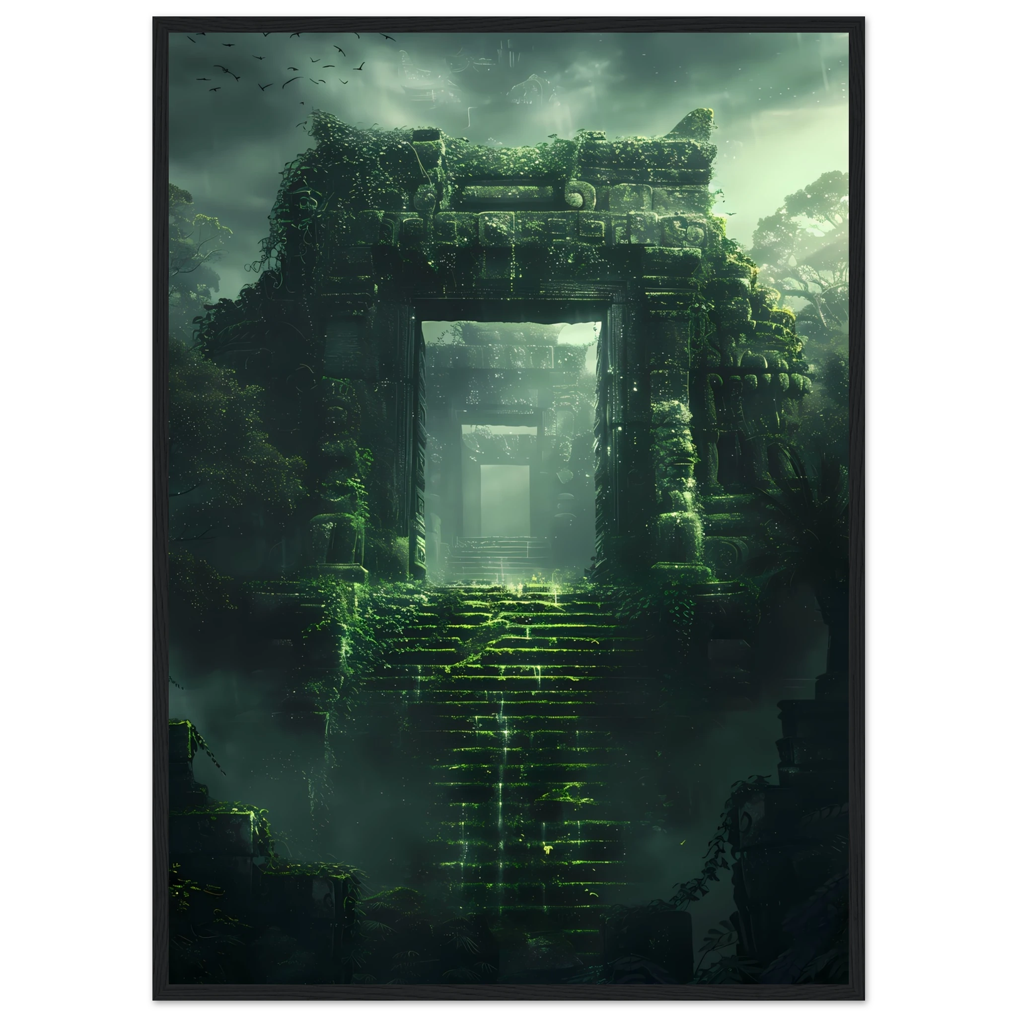 Ancient ruins covered in glowing vines and moss — surreal fantasy botanical art.