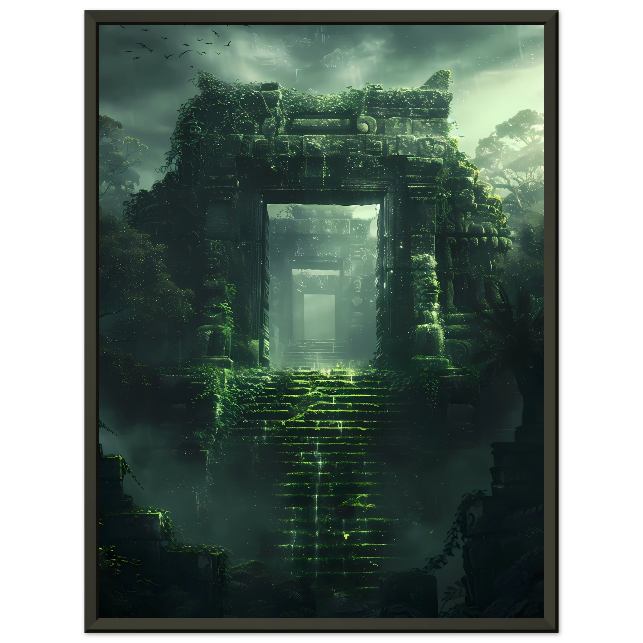 Ancient ruins covered in glowing vines and moss — surreal fantasy botanical art.