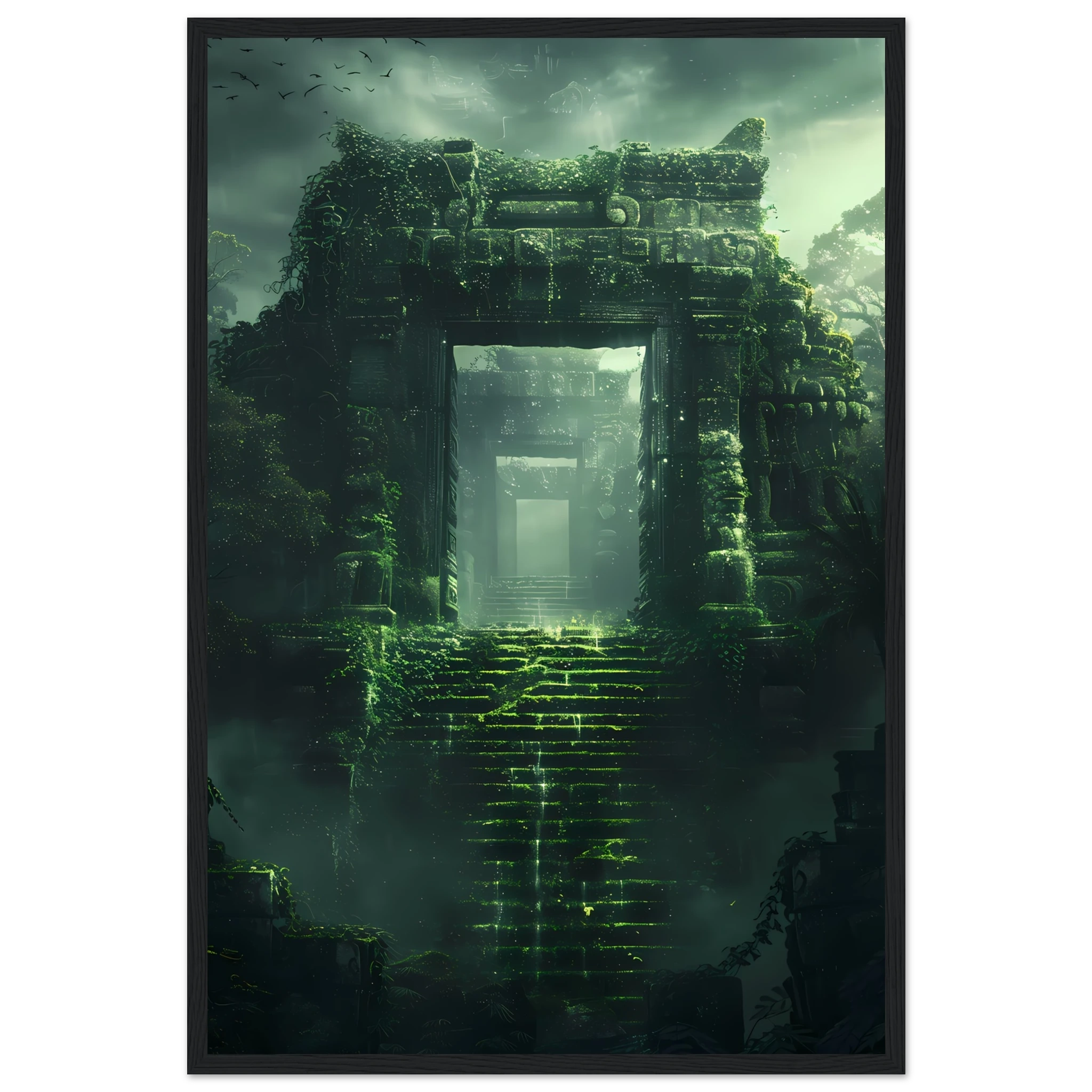 Ancient ruins covered in glowing vines and moss — surreal fantasy botanical art.