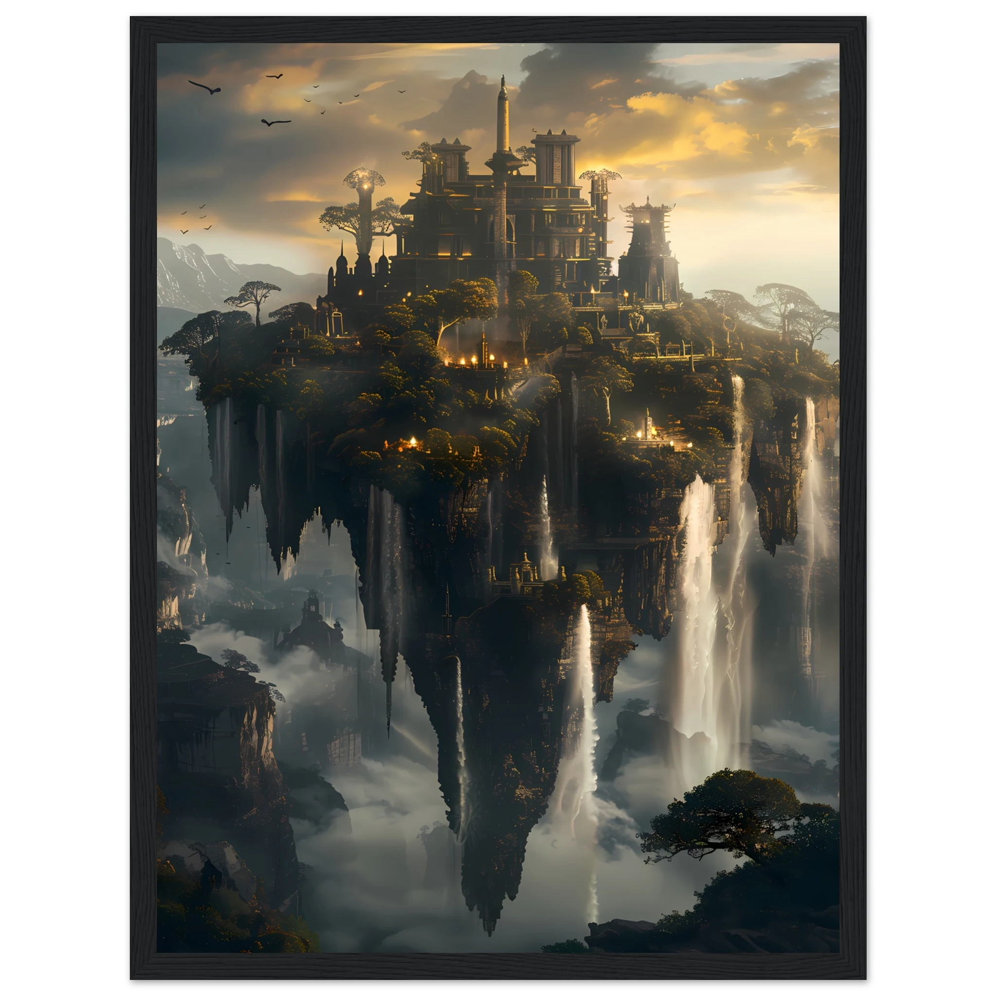 Floating sky islands connected by waterfalls — surreal fantasy wall art print.