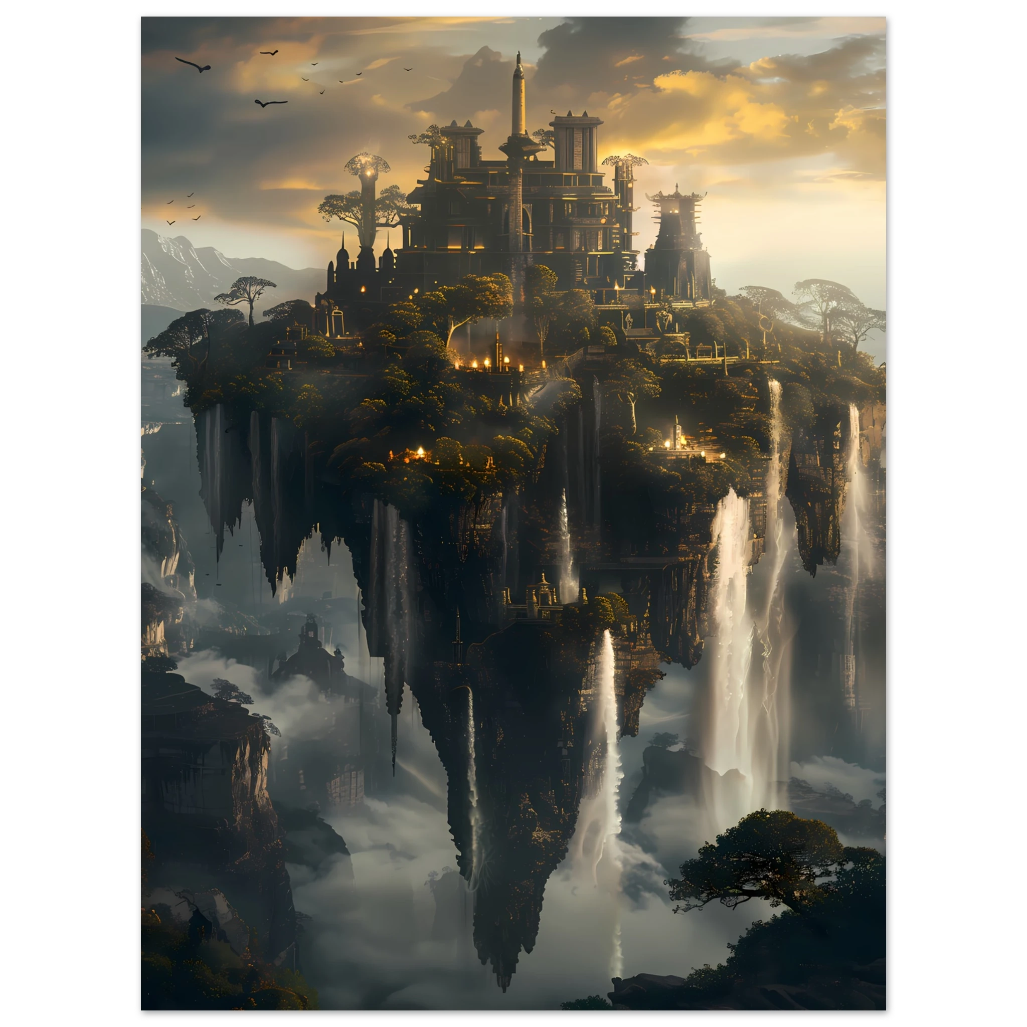 Floating sky islands connected by waterfalls — surreal fantasy wall art print.