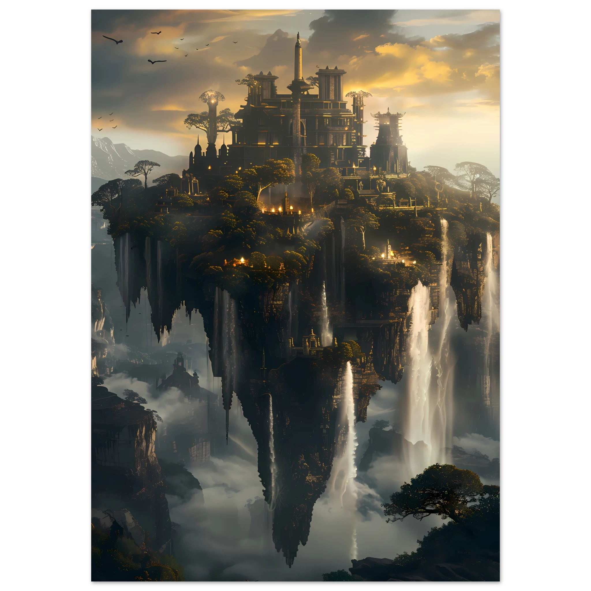 Floating sky islands connected by waterfalls — surreal fantasy wall art print.
