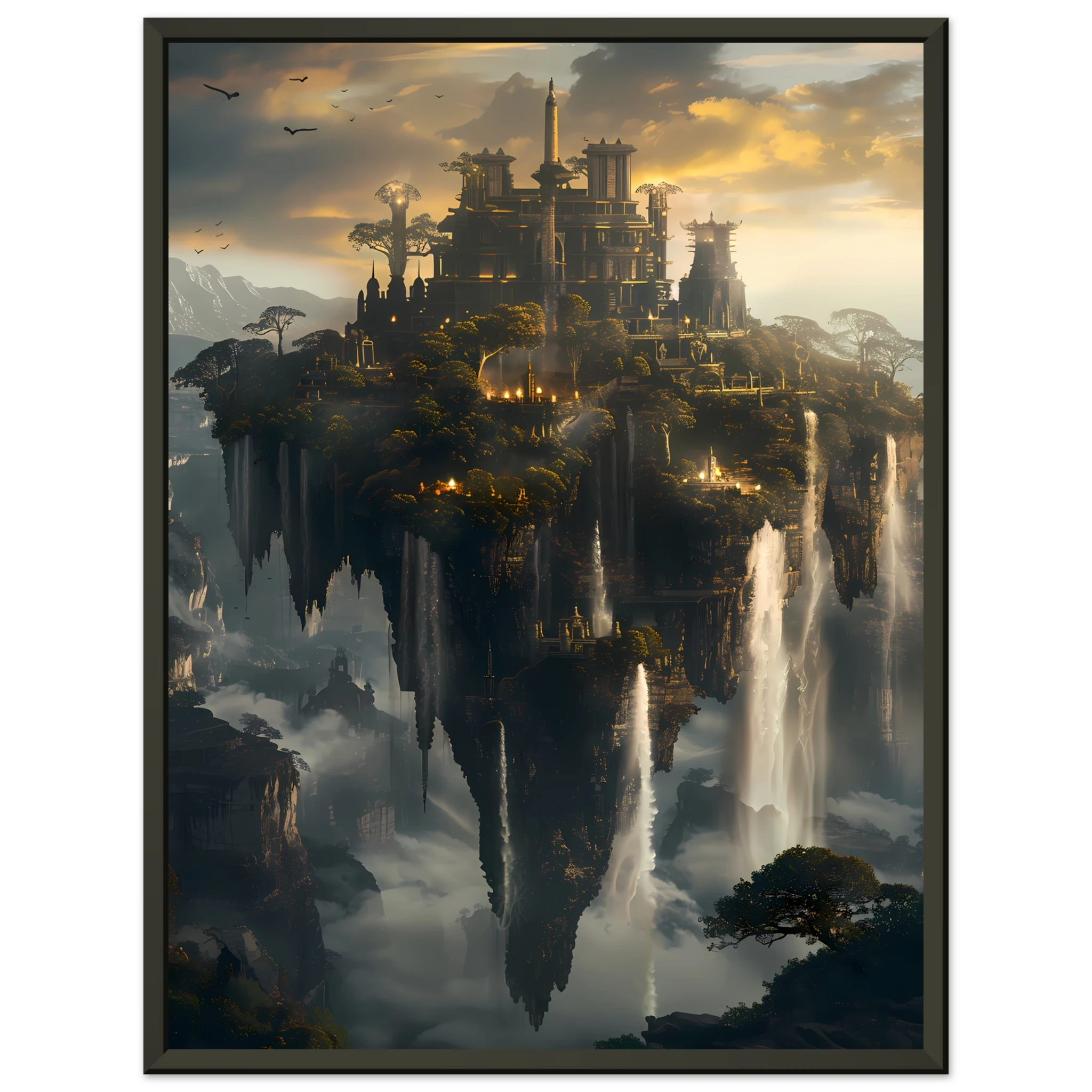 Floating sky islands connected by waterfalls — surreal fantasy wall art print.