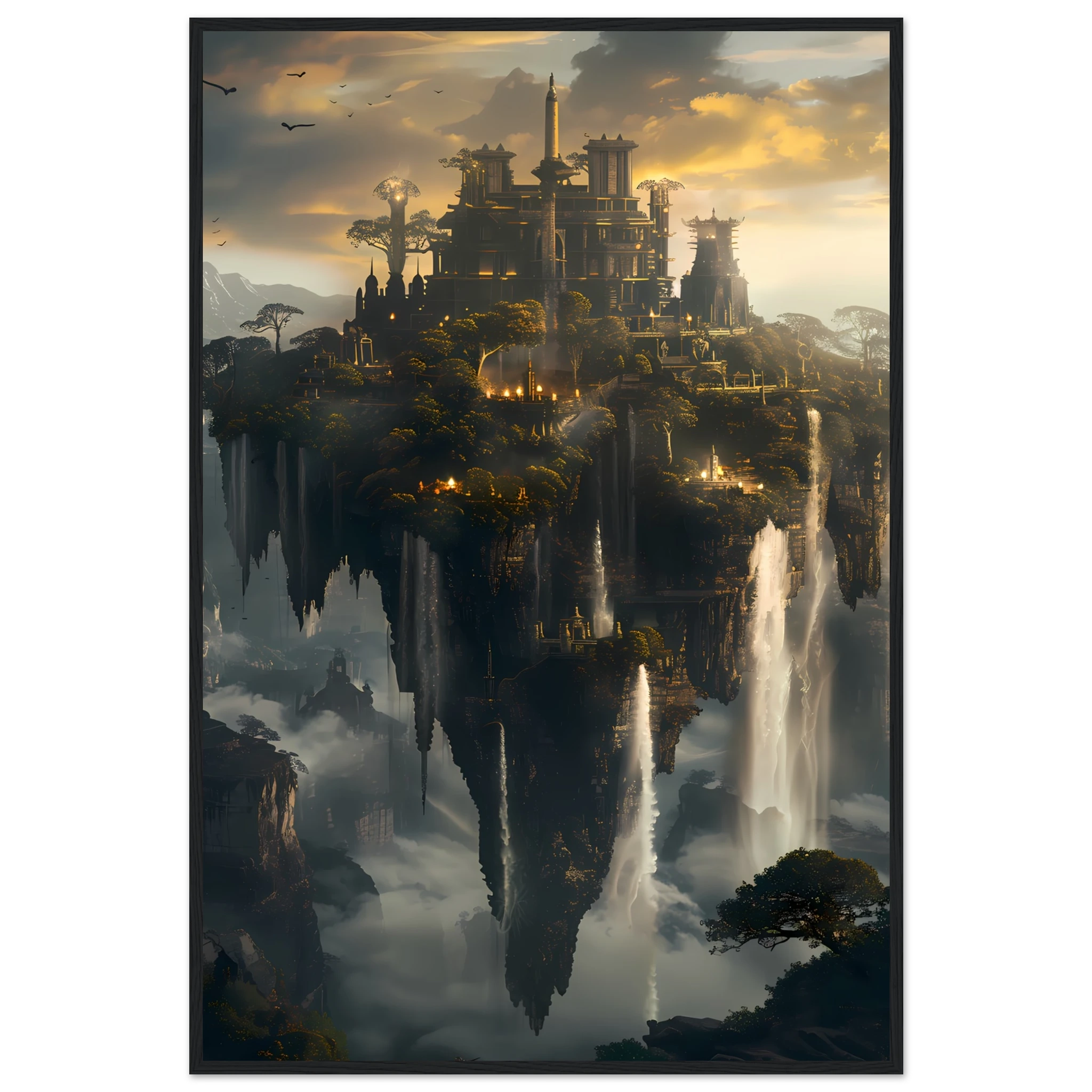 Floating sky islands connected by waterfalls — surreal fantasy wall art print.