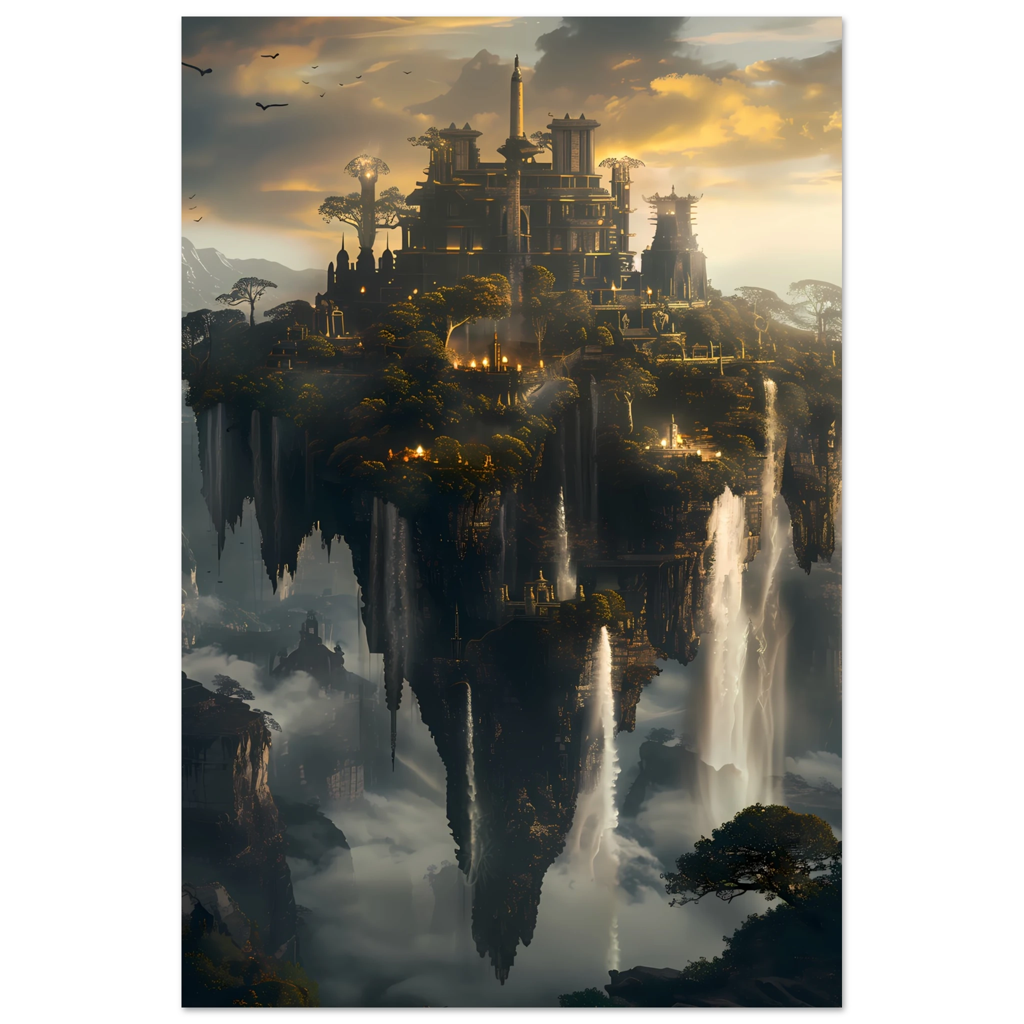 Floating sky islands connected by waterfalls — surreal fantasy wall art print.