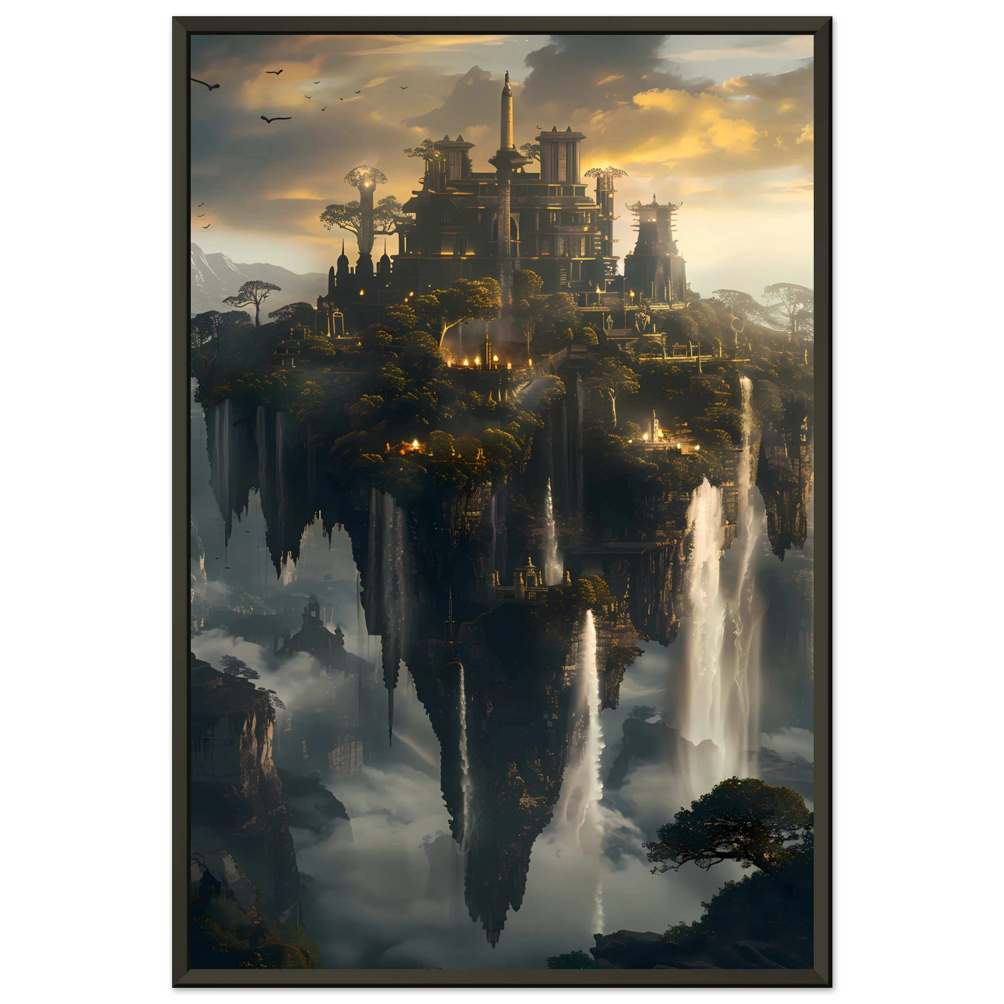 Floating sky islands connected by waterfalls — surreal fantasy wall art print.