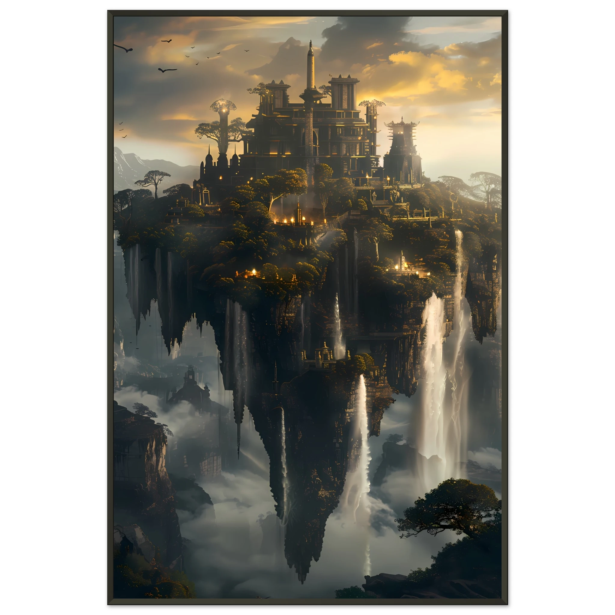 Floating sky islands connected by waterfalls — surreal fantasy wall art print.