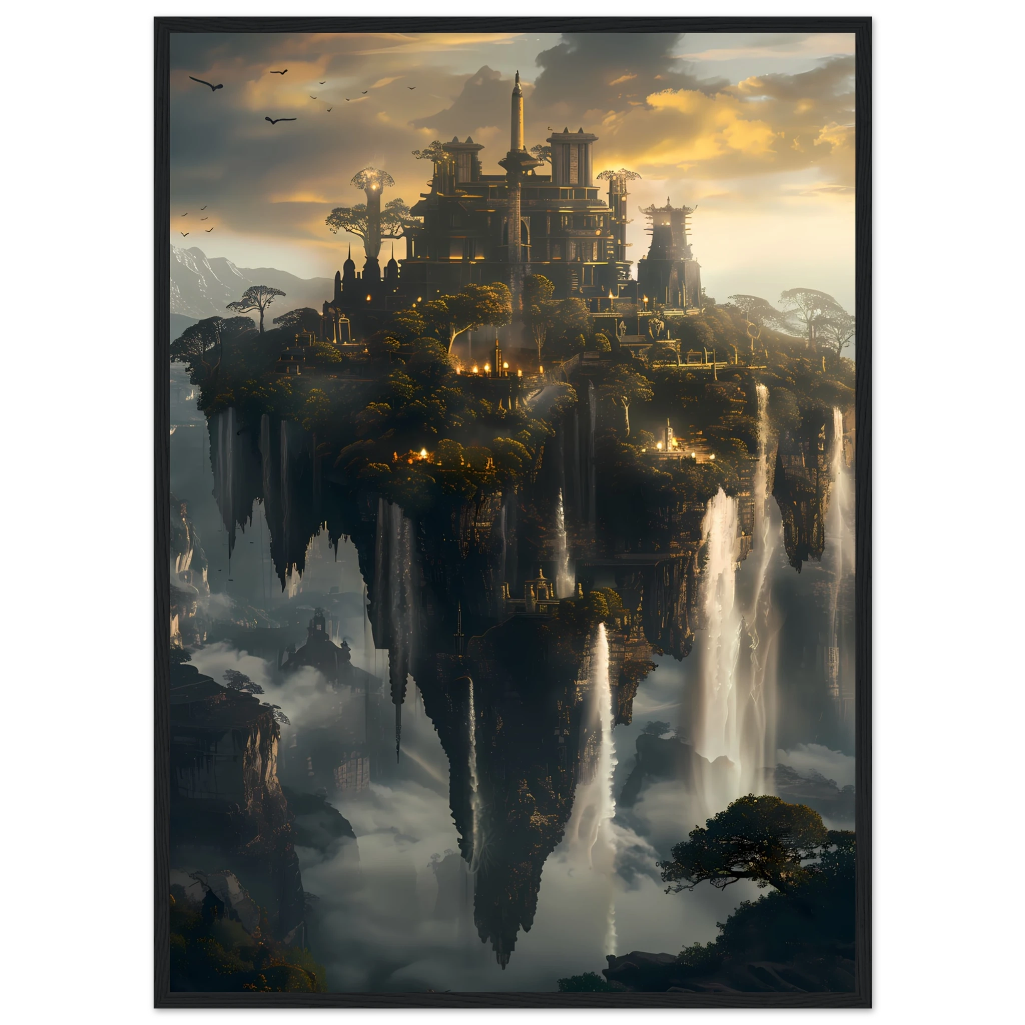 Floating sky islands connected by waterfalls — surreal fantasy wall art print.