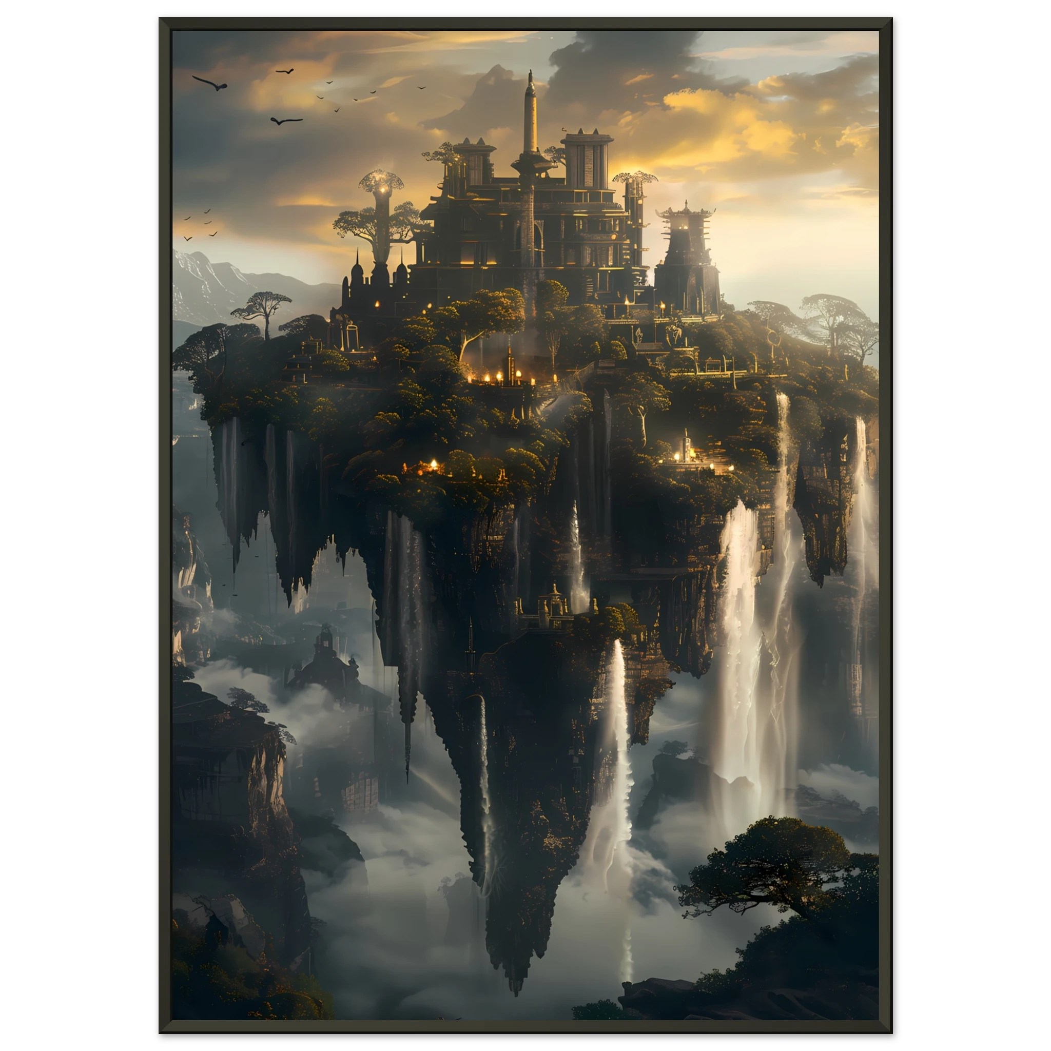Floating sky islands connected by waterfalls — surreal fantasy wall art print.