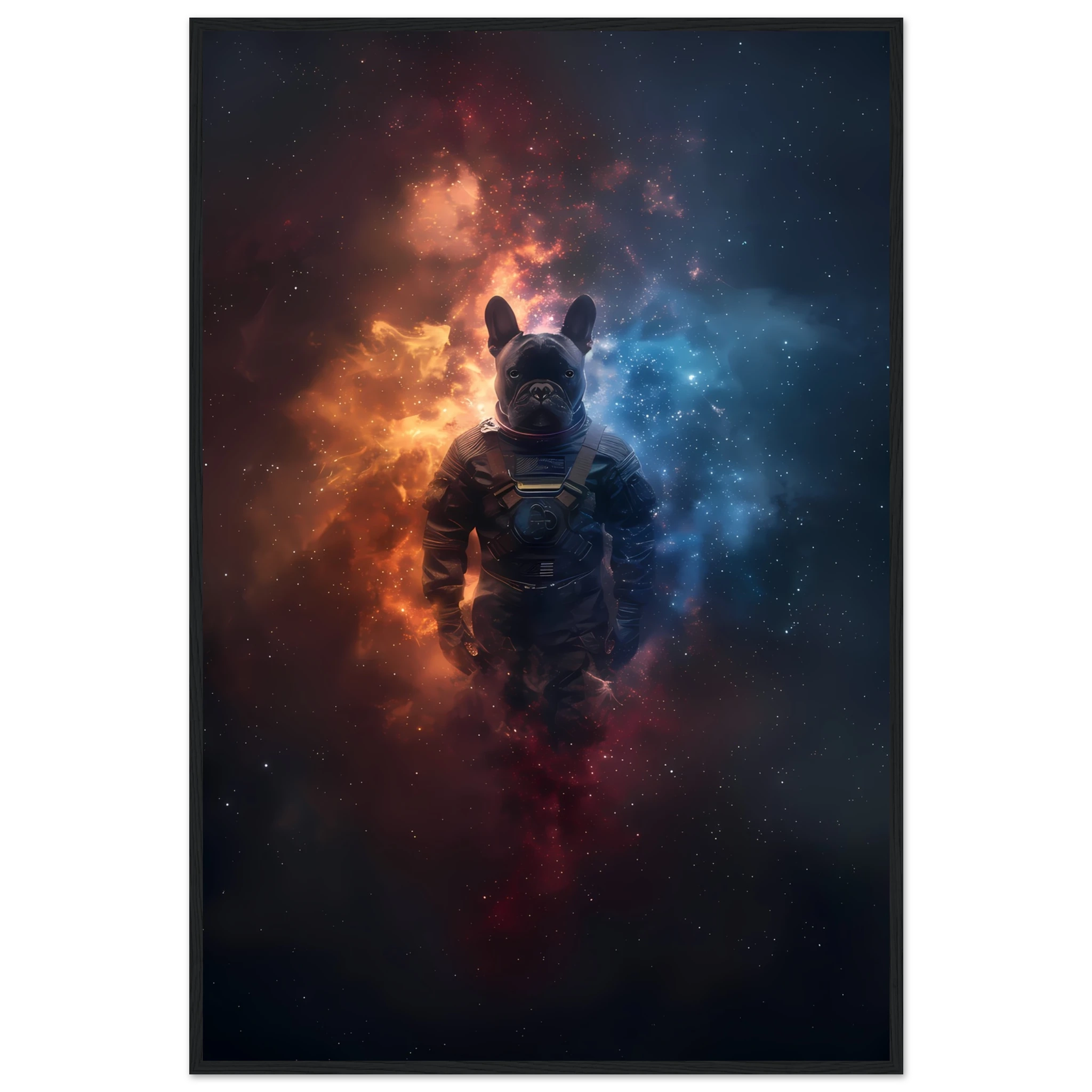 Bulldog in space suit floating through glowing galaxy — playful cosmic pet art.